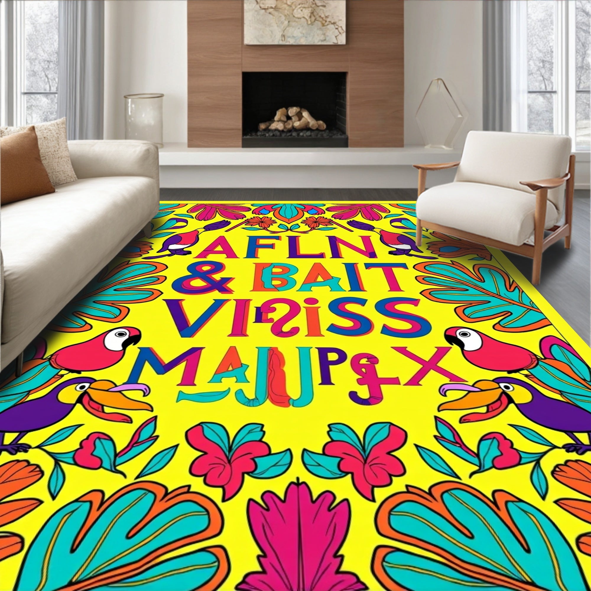 Tropical Parrot Botanical Lettering Yellow Rug