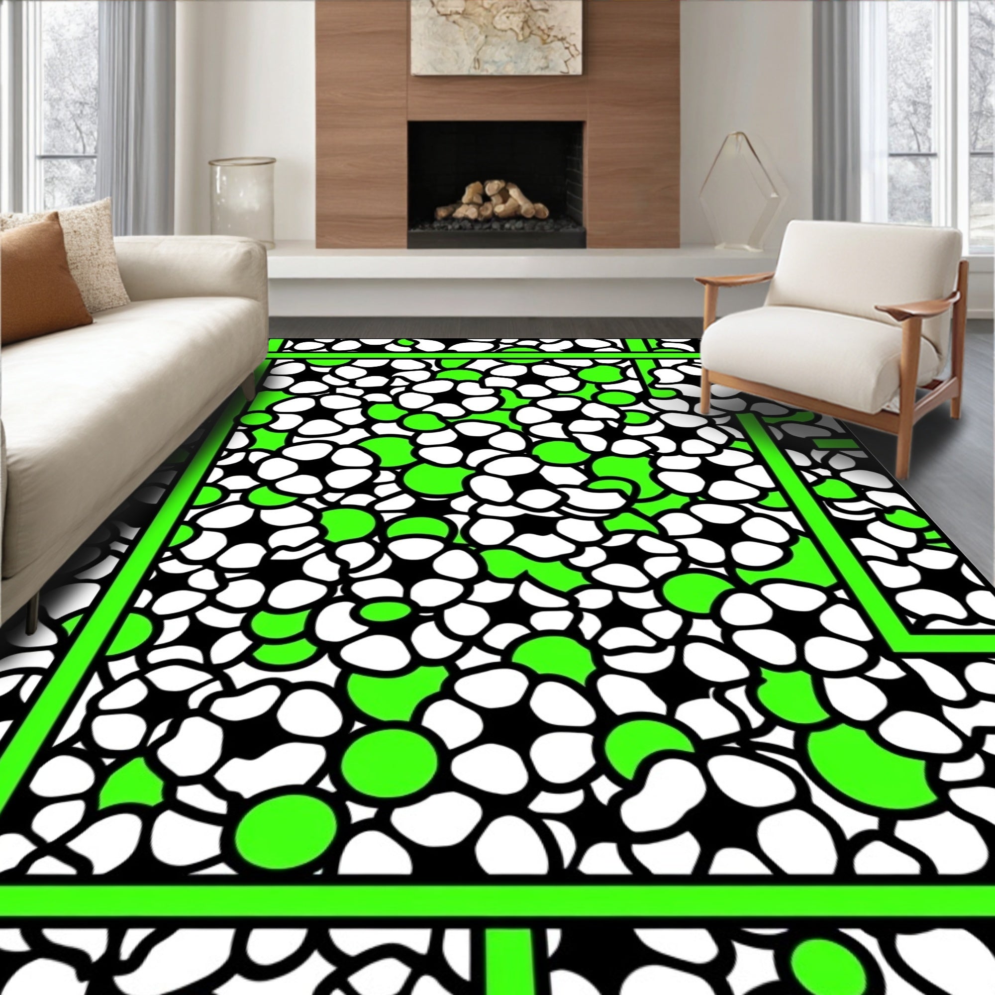 Bright Green Geometric Floral Arrangement Rug