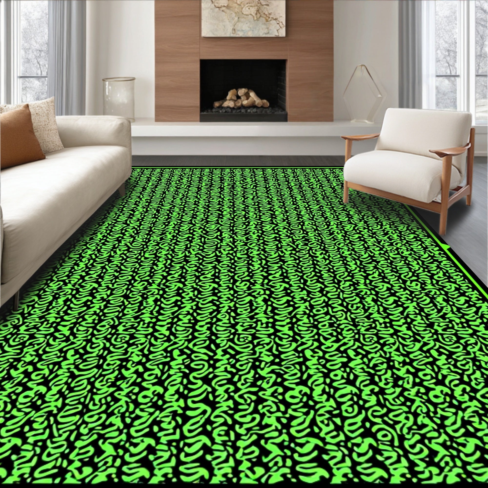 Bold Neon Green Abstract Scribbles Rug