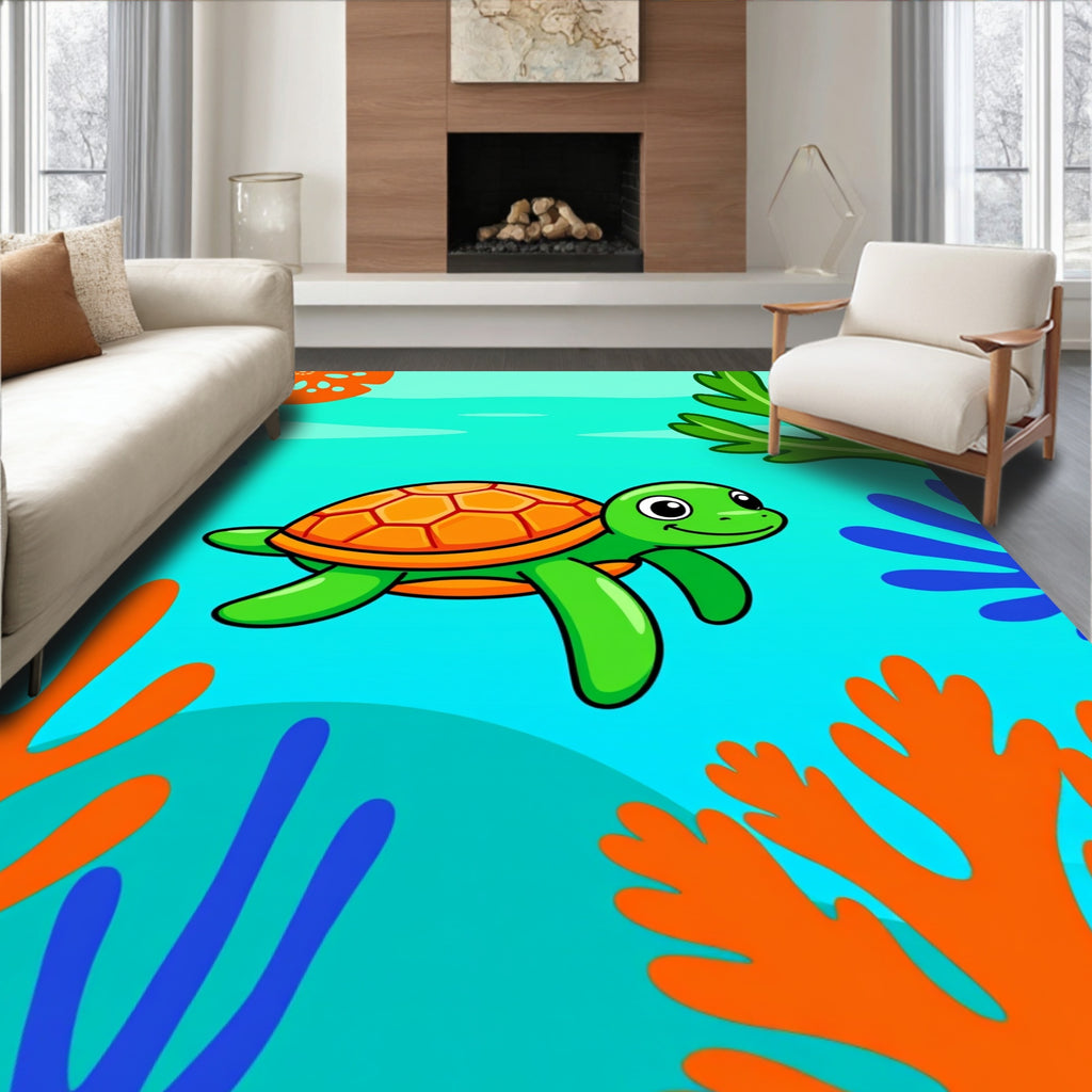 Cute Green Turtle Coral Reef Rug