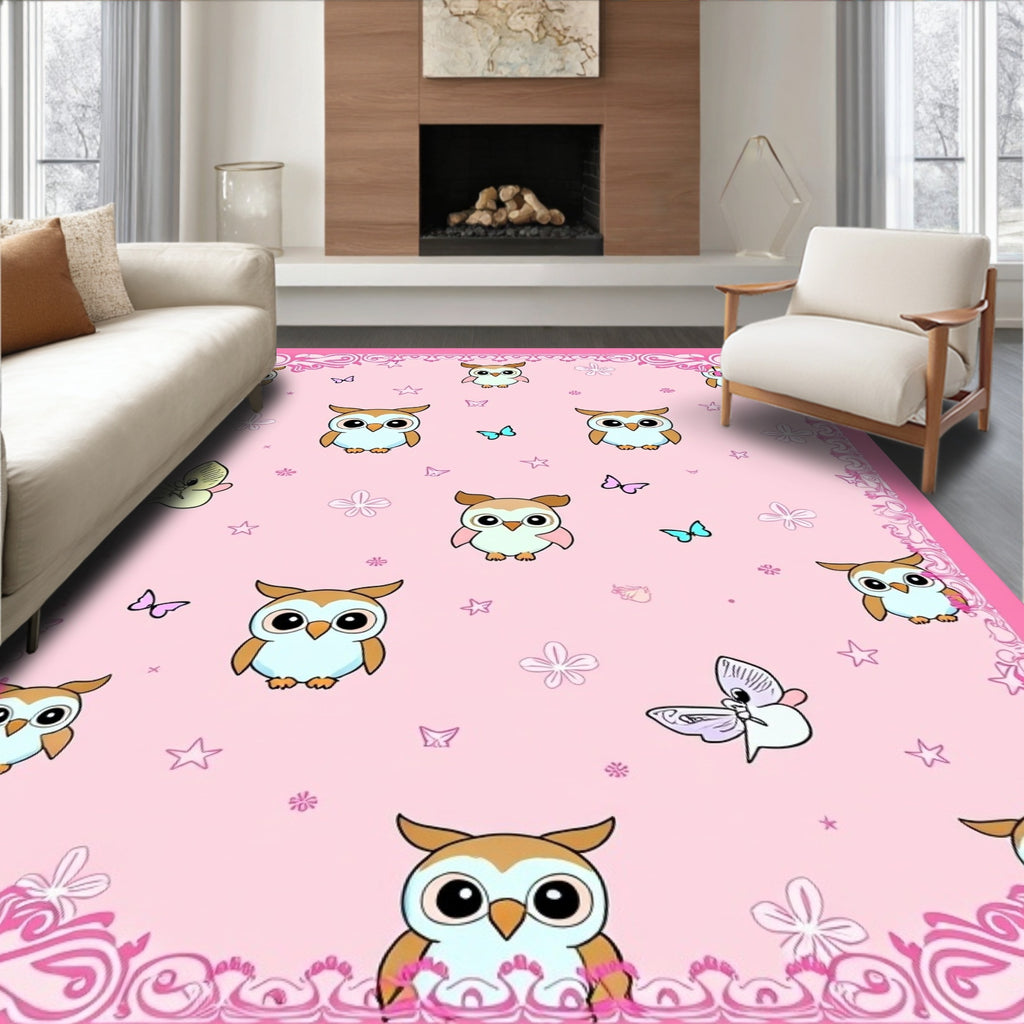Sweet Owl Butterfly Pink Whimsy Rug