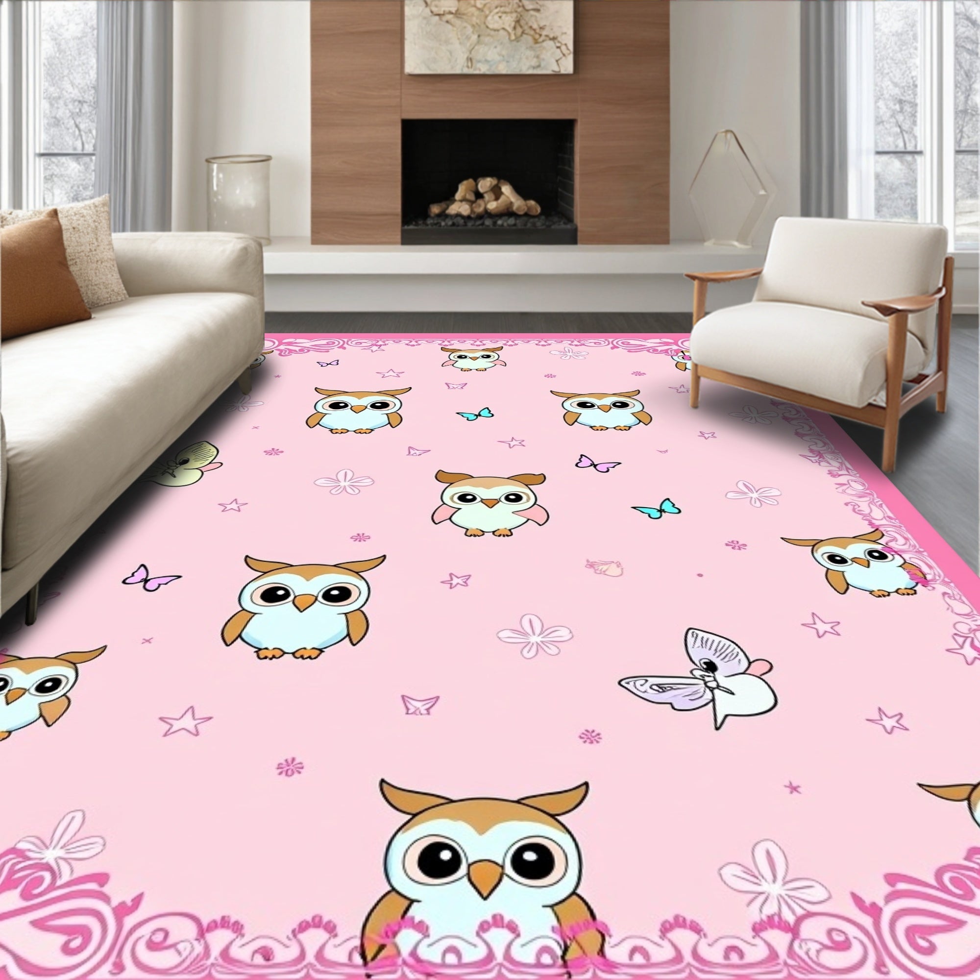 Sweet Owl Butterfly Pink Whimsy Rug