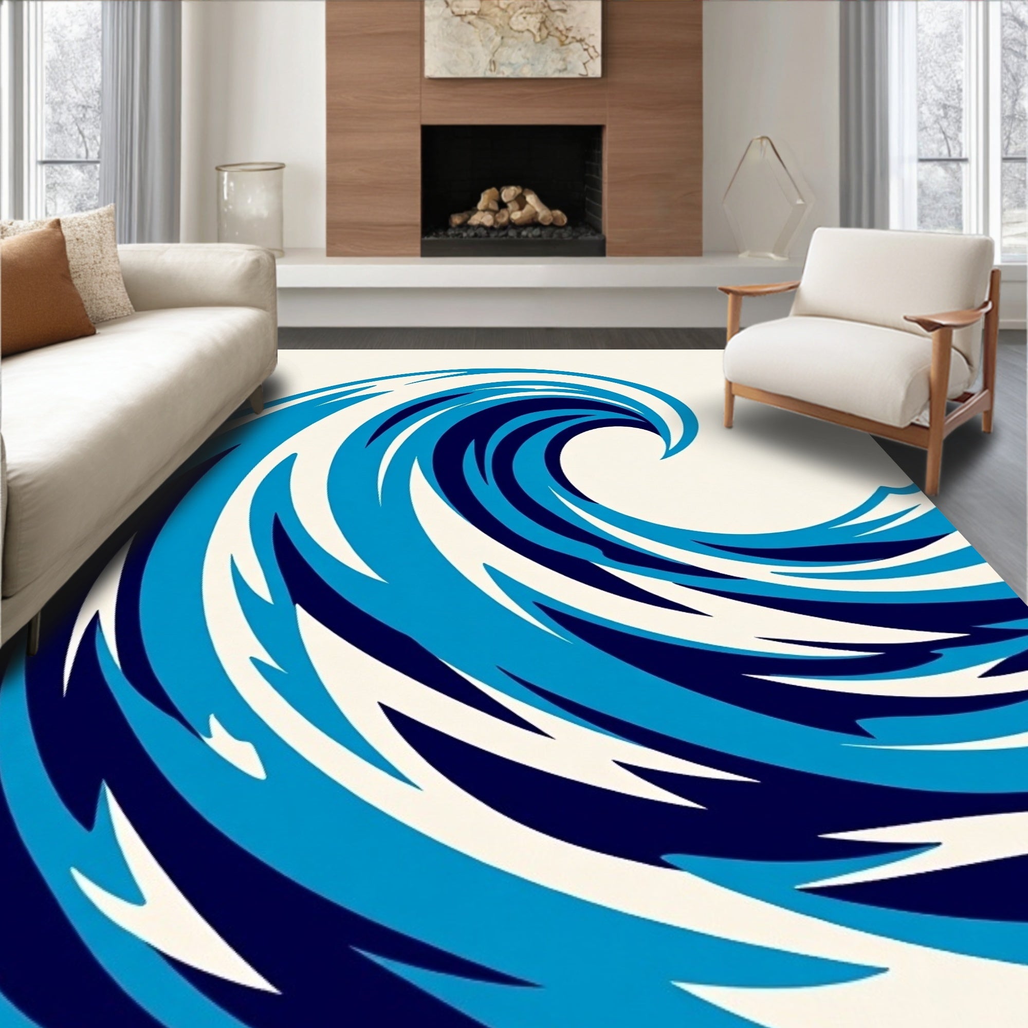 Deep Blue Abstract Ocean Wave Rug