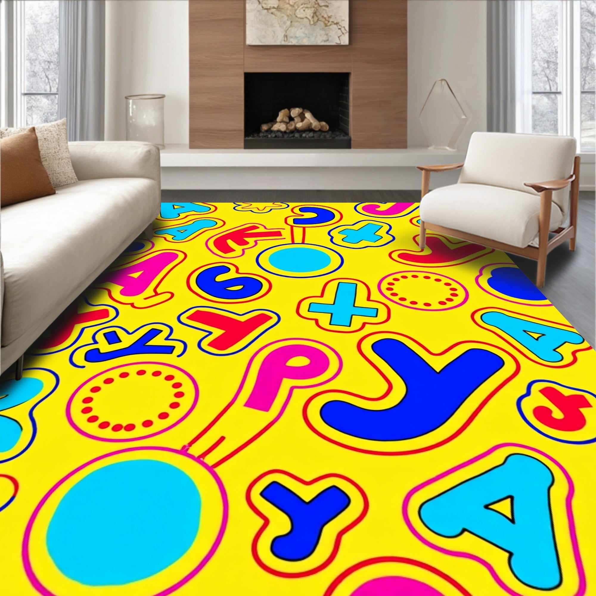 Playful Yellow Alphabet Circle Burst Rug