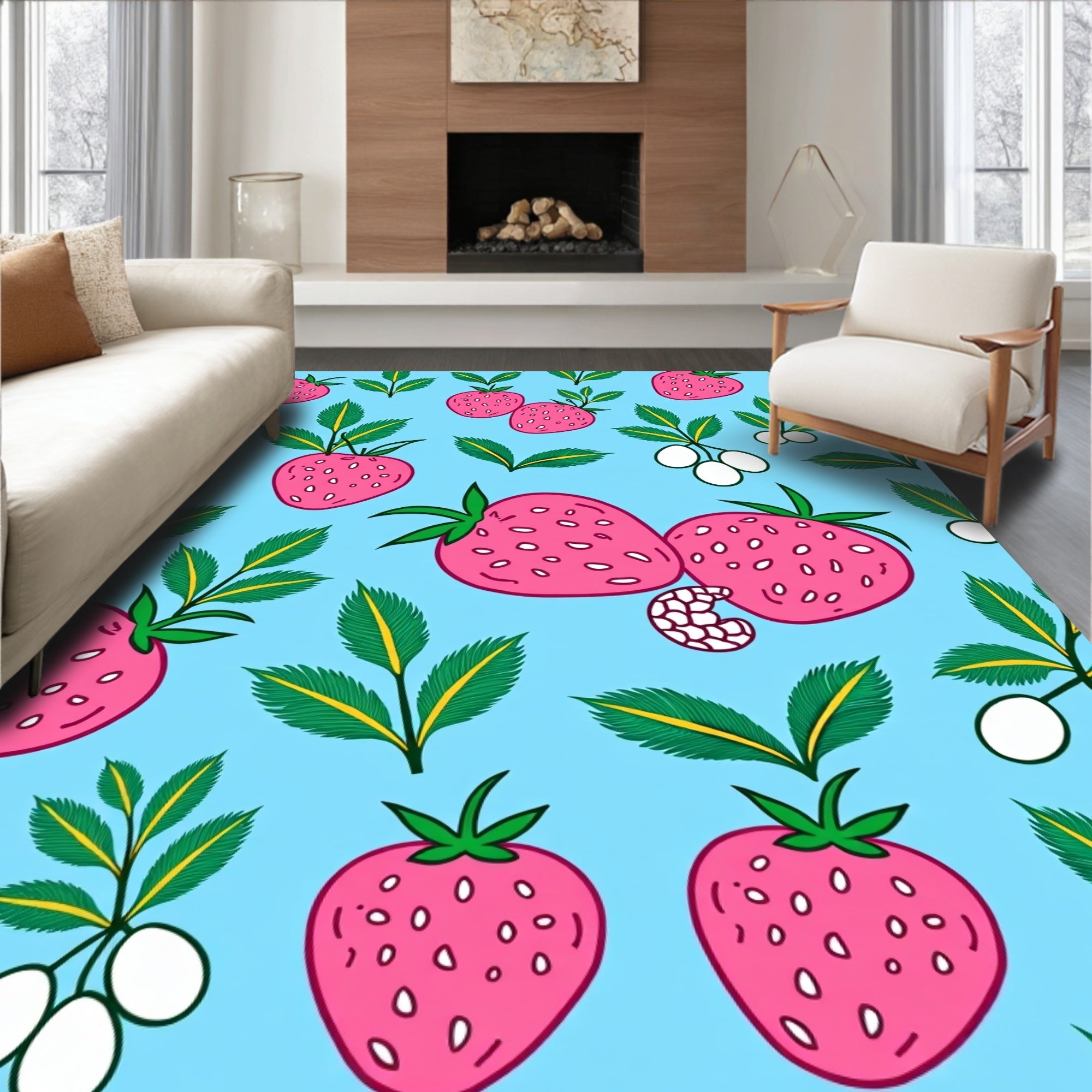 Pink Strawberry Garden On Blue Rug