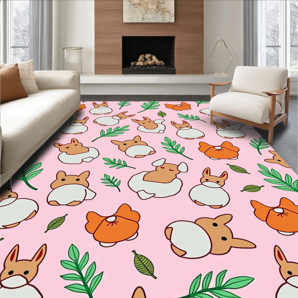 Whimsical Corgi Carrot Spring Garden Rug
