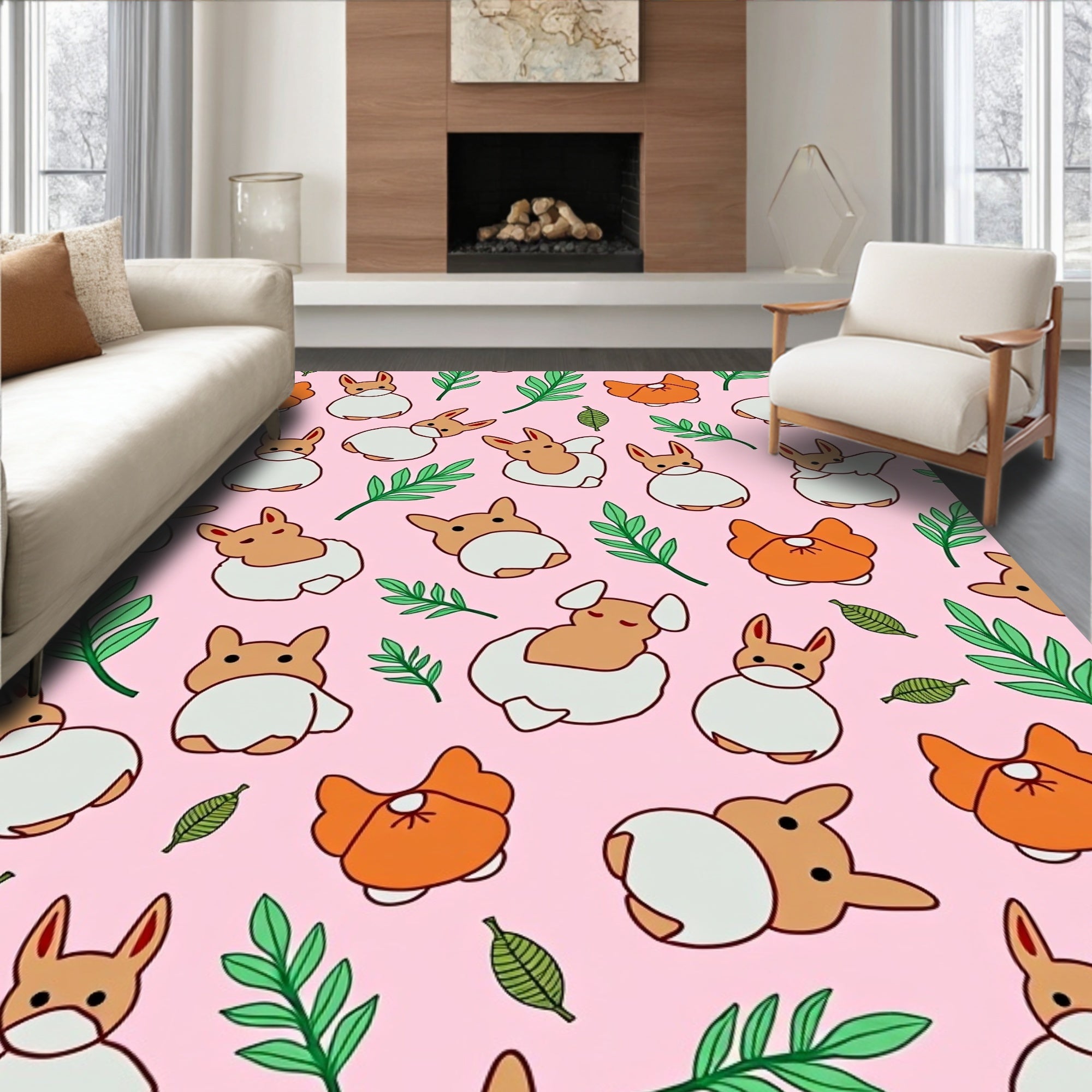 Whimsical Corgi Carrot Spring Garden Rug