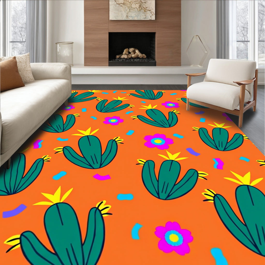 Whimsical Green Cactus Floral Confetti Rug