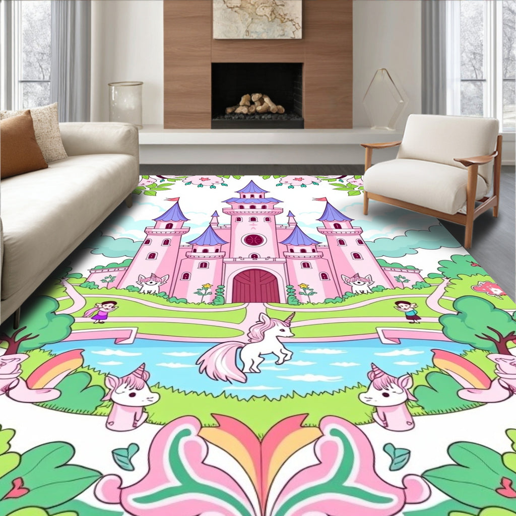 Whimsical Pink Castle Unicorn Garden Rug