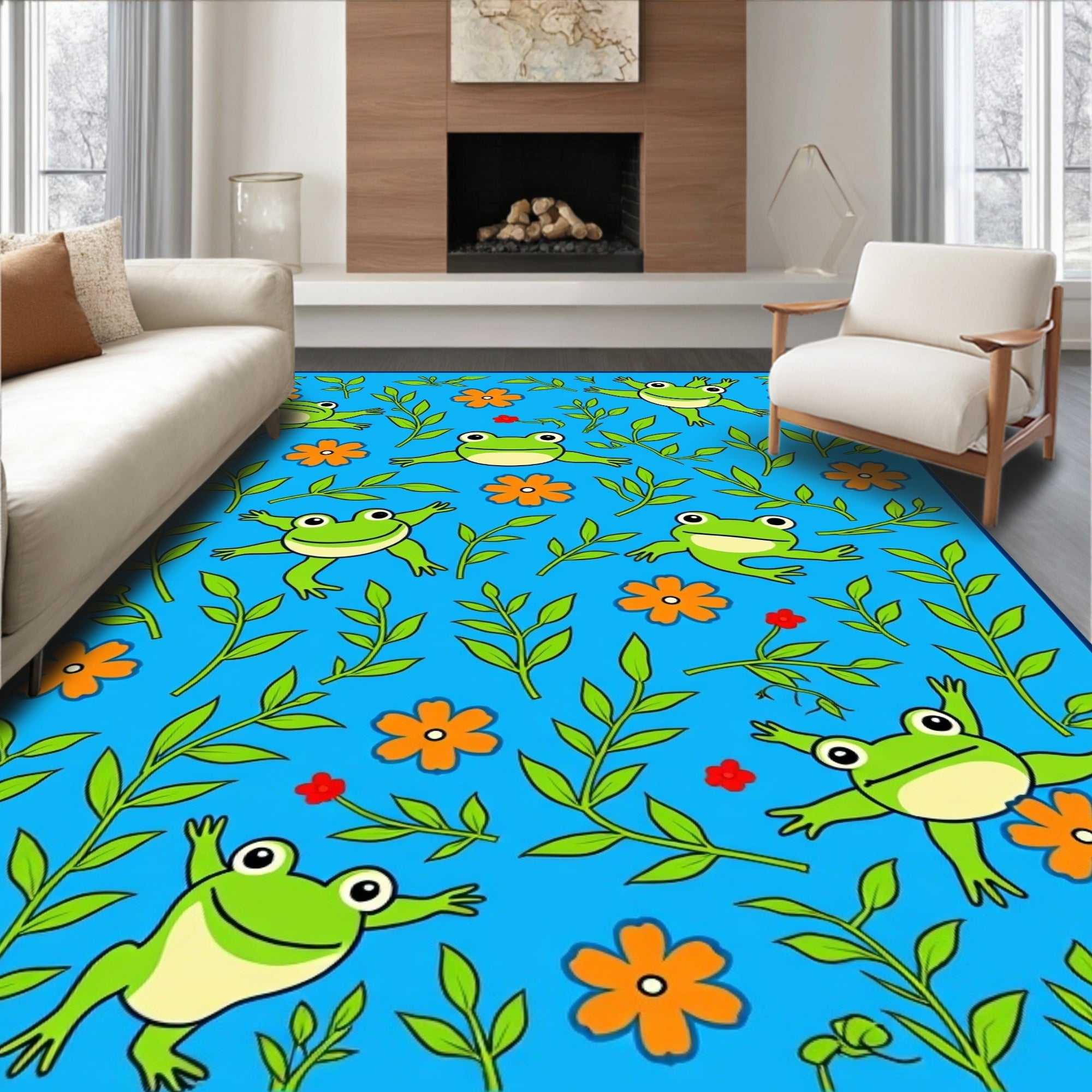 Playful Green Frogs Orange Flowers Garden Rug