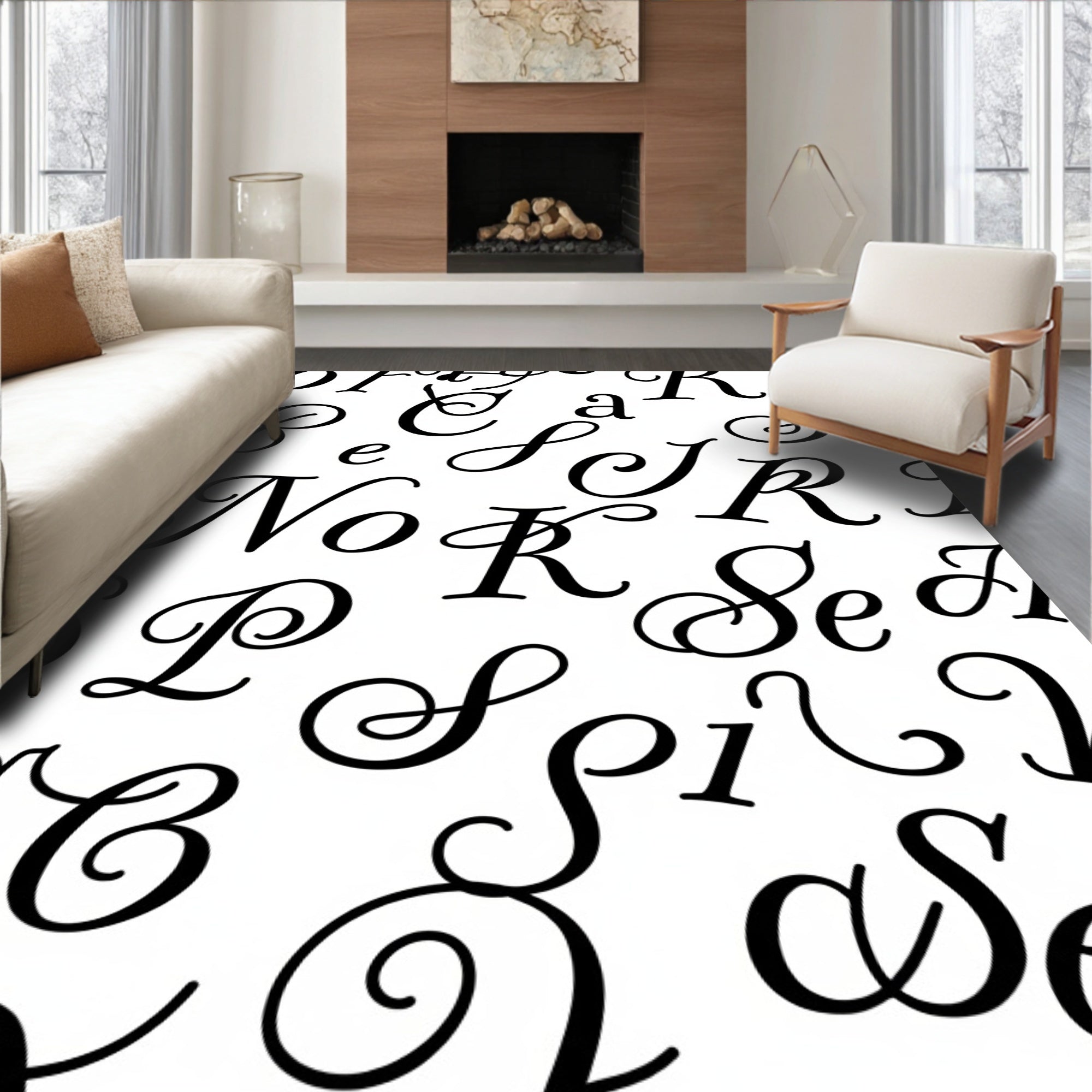 Vintage Black Calligraphy Alphabet Collage Rug
