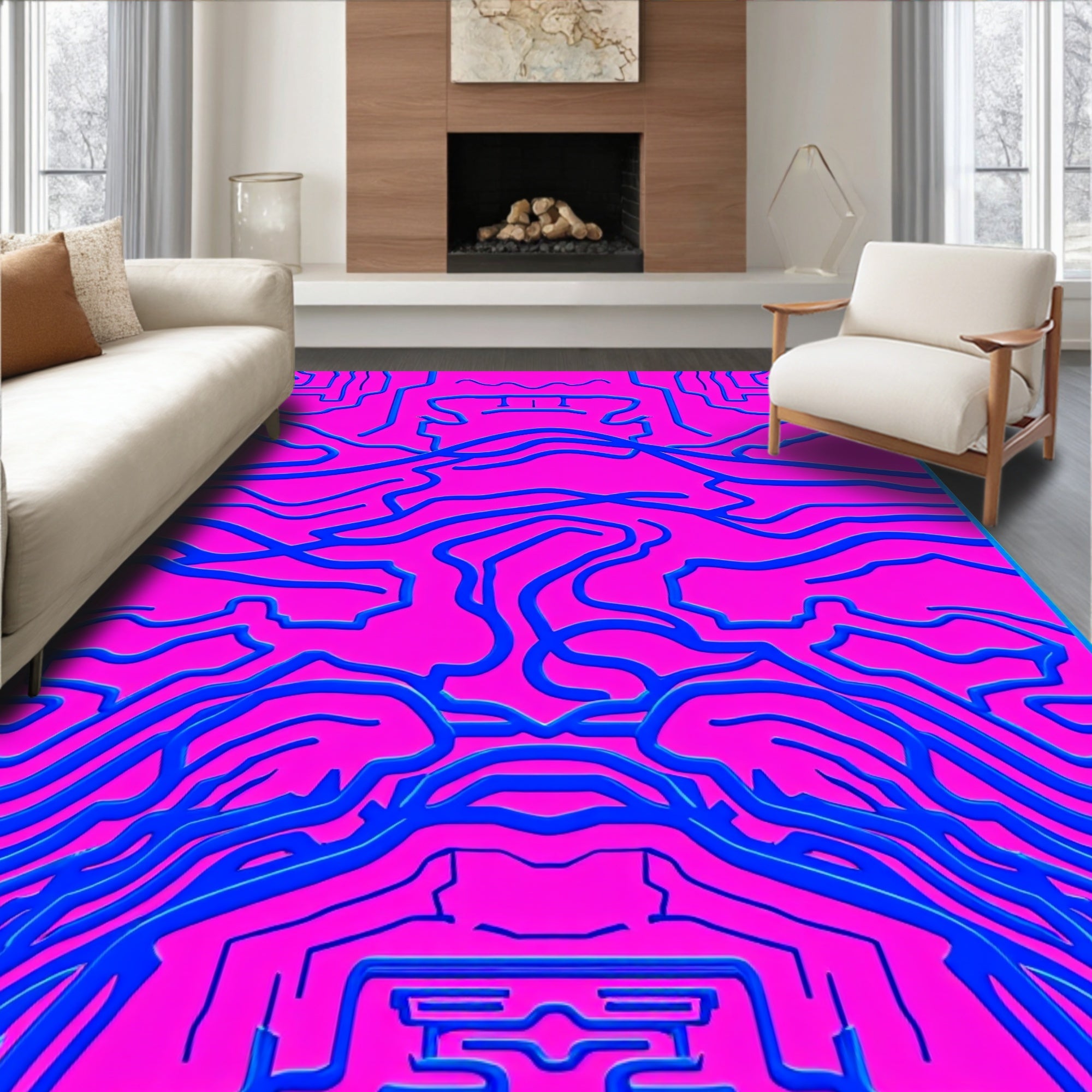 Bright Pink Blue Wavy Abstract Lines Rug