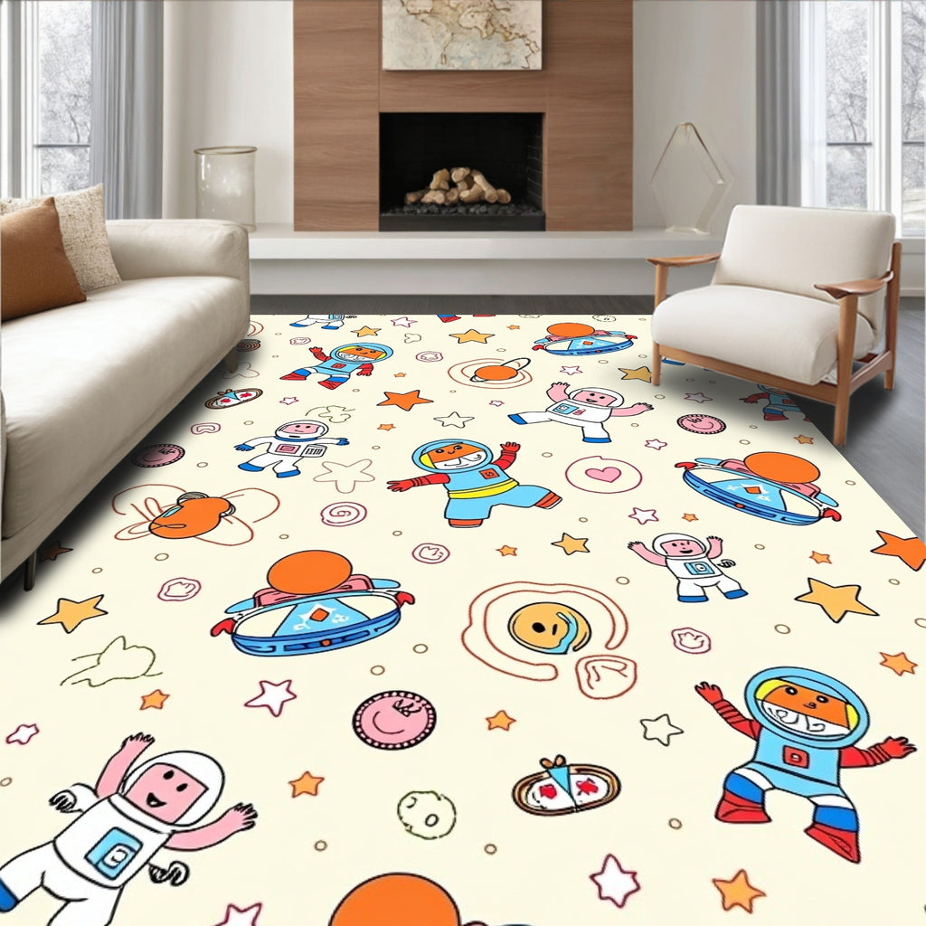 Whimsical Astronaut Playful Space Adventure Rug
