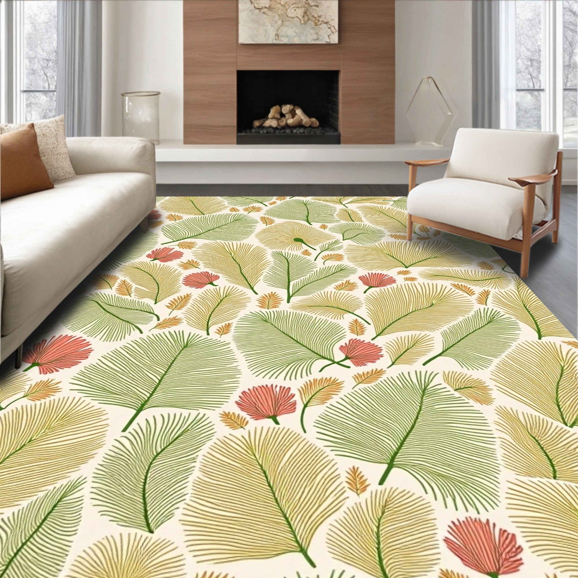 Coral Pink Green Palm Leaf Collage Rug
