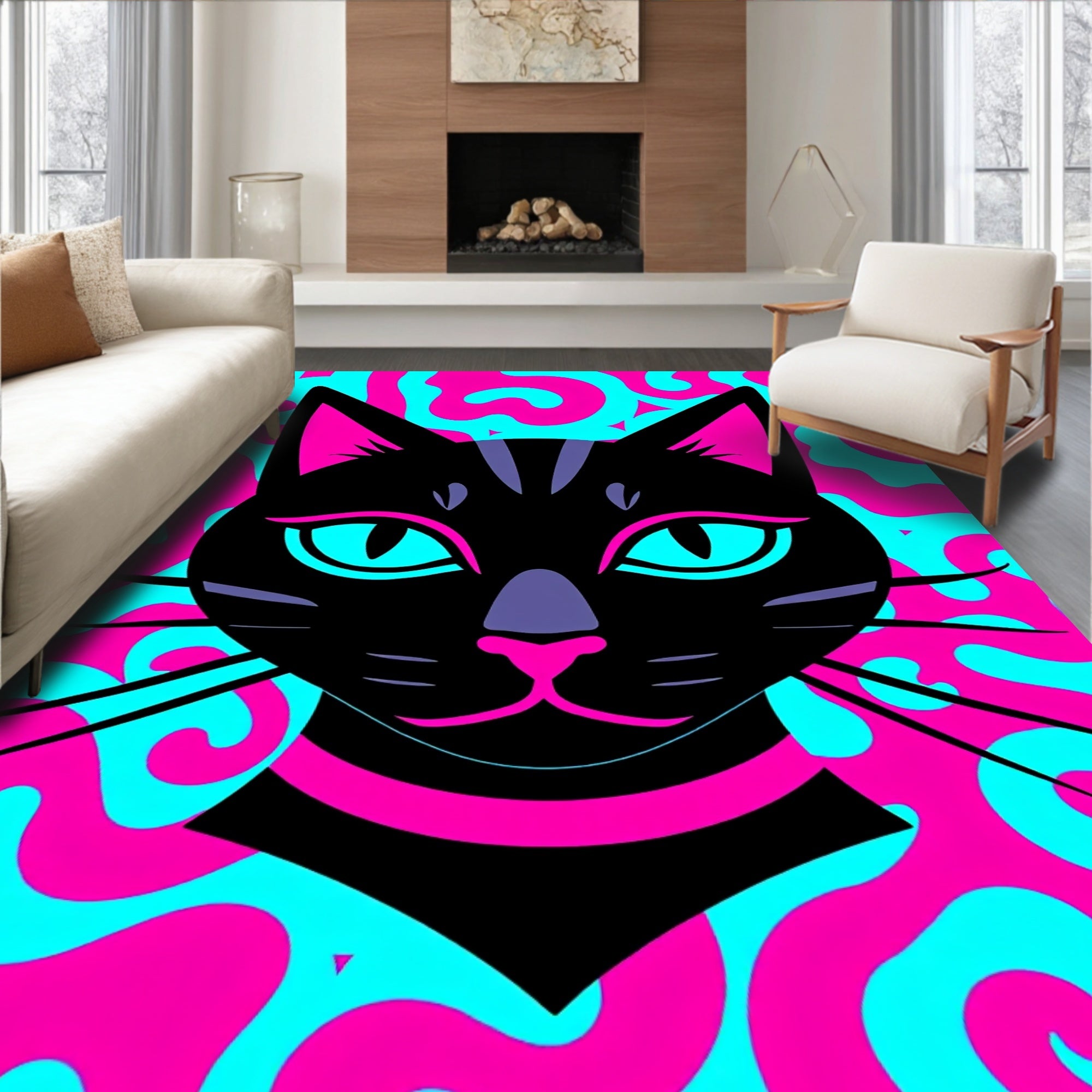 Retro Black Cat Swirl Rug