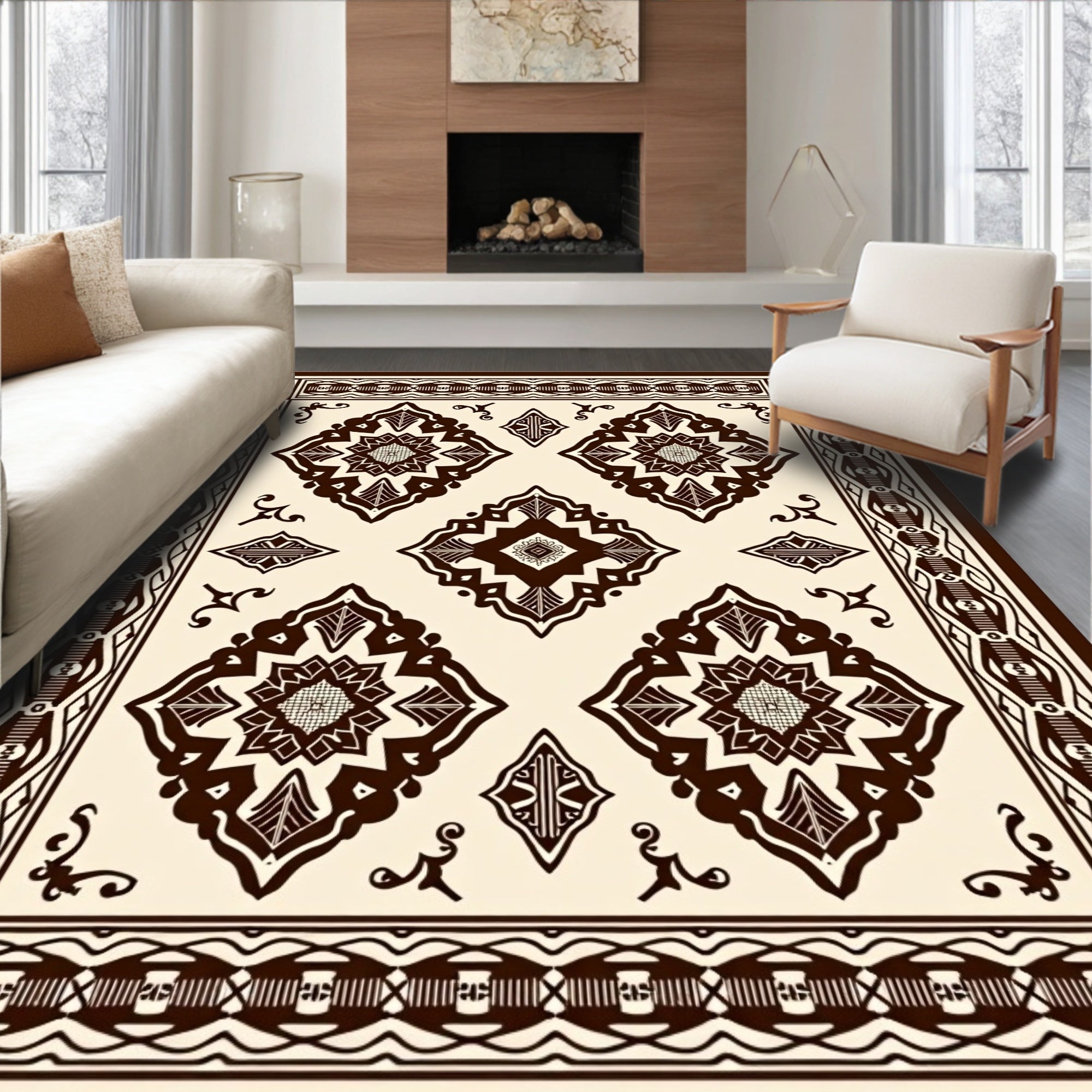 Dark Brown and Cream Medallion Border Rug