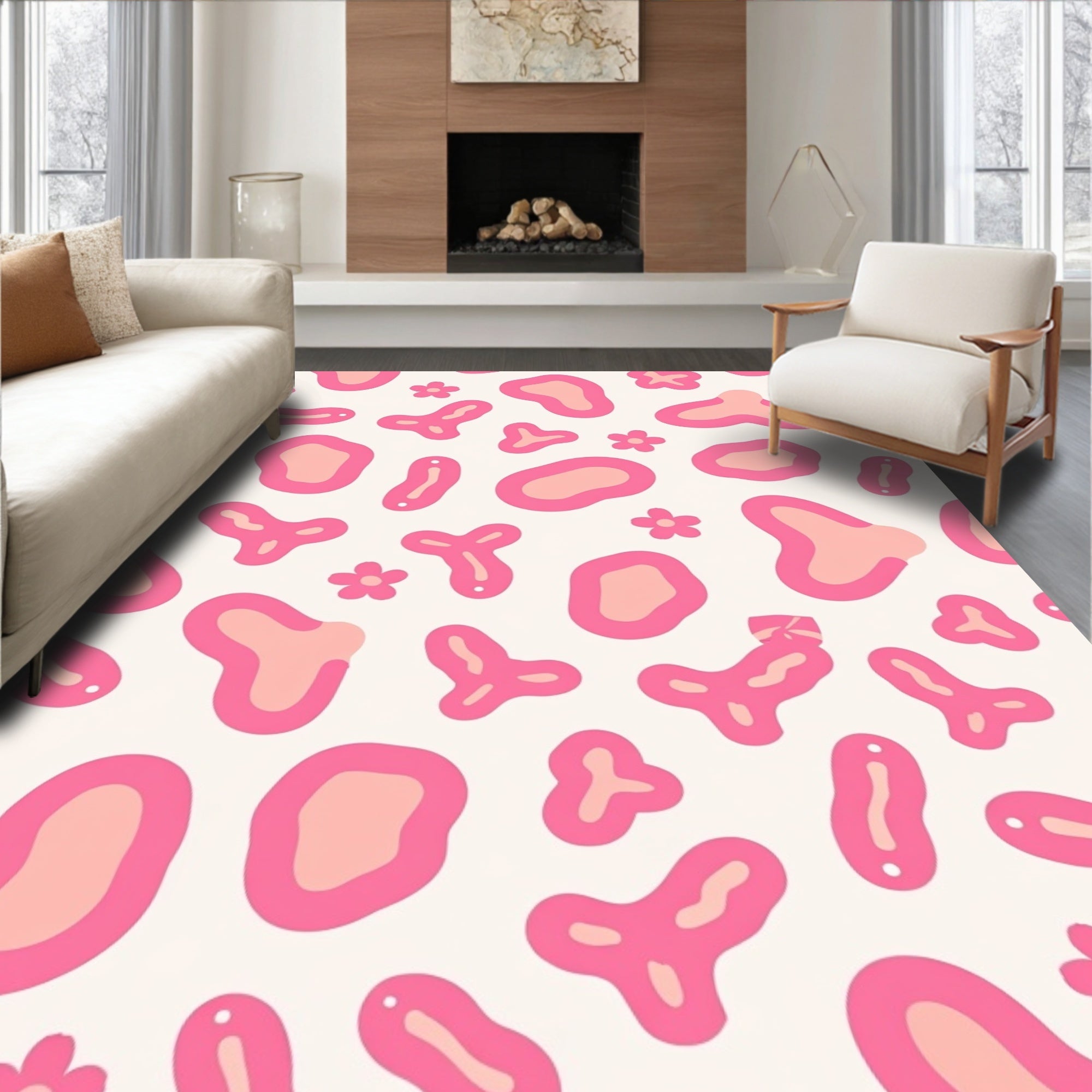 Chic Pink Cow Abstract Floral Rug