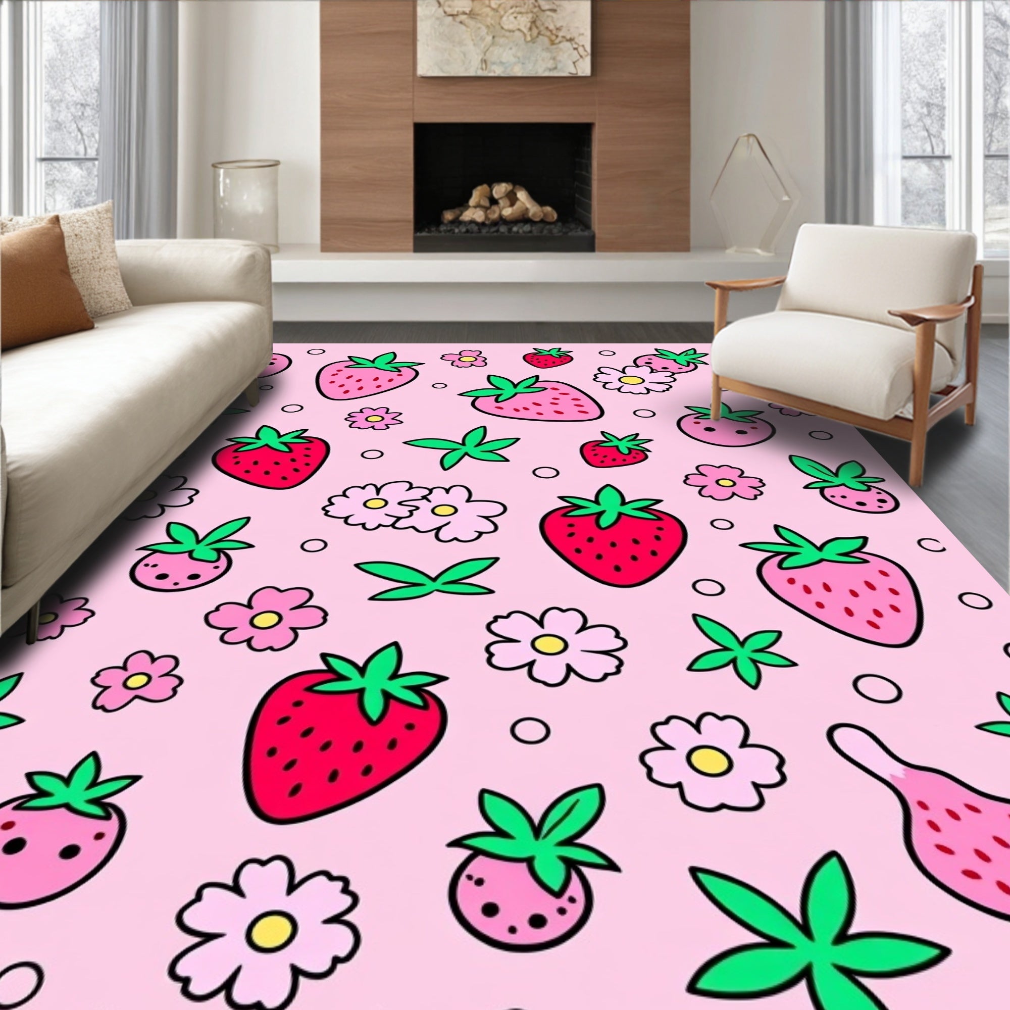 Cute Pink Strawberry Floral Scatter Rug