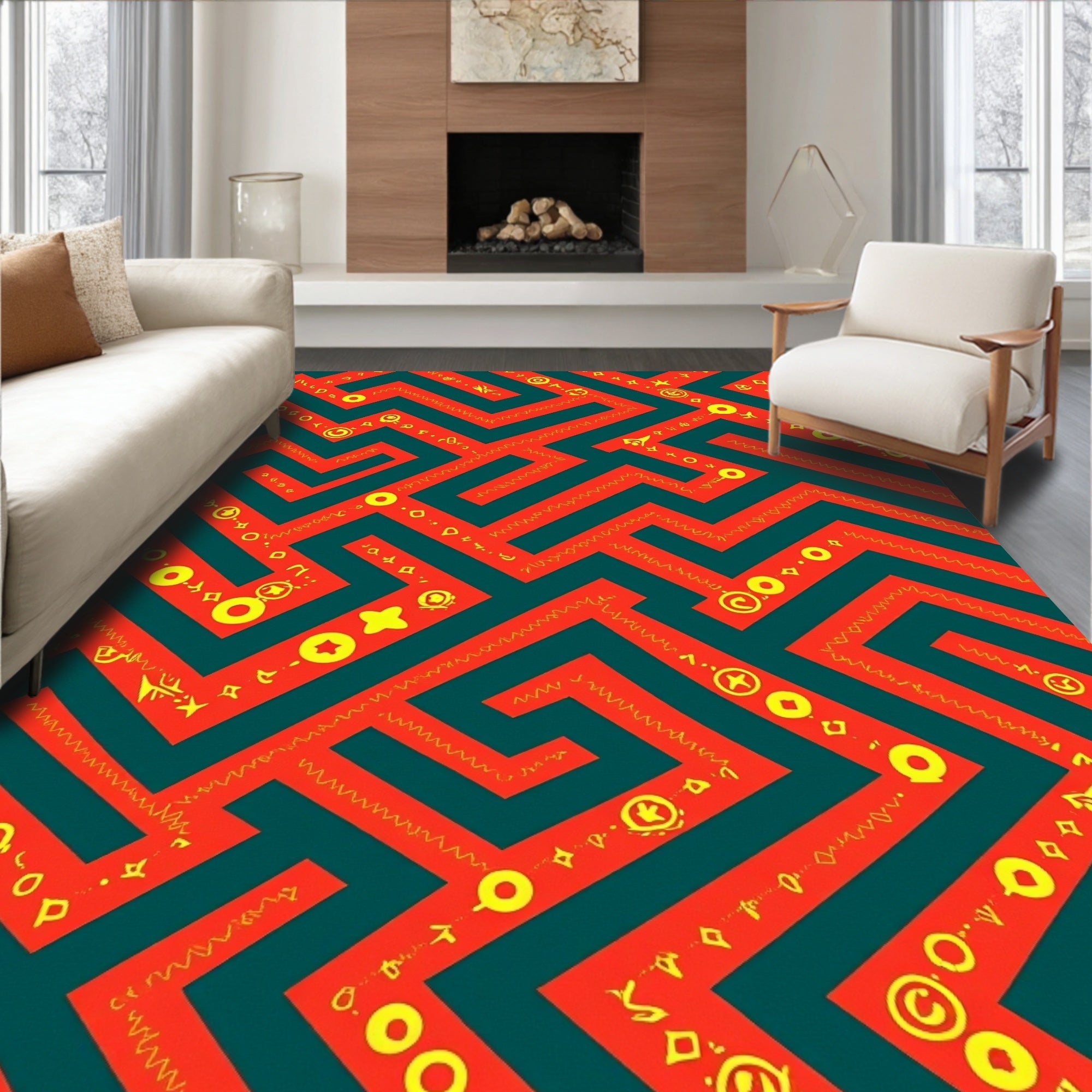 Red Teal Maze Whimsical Symbols Rug