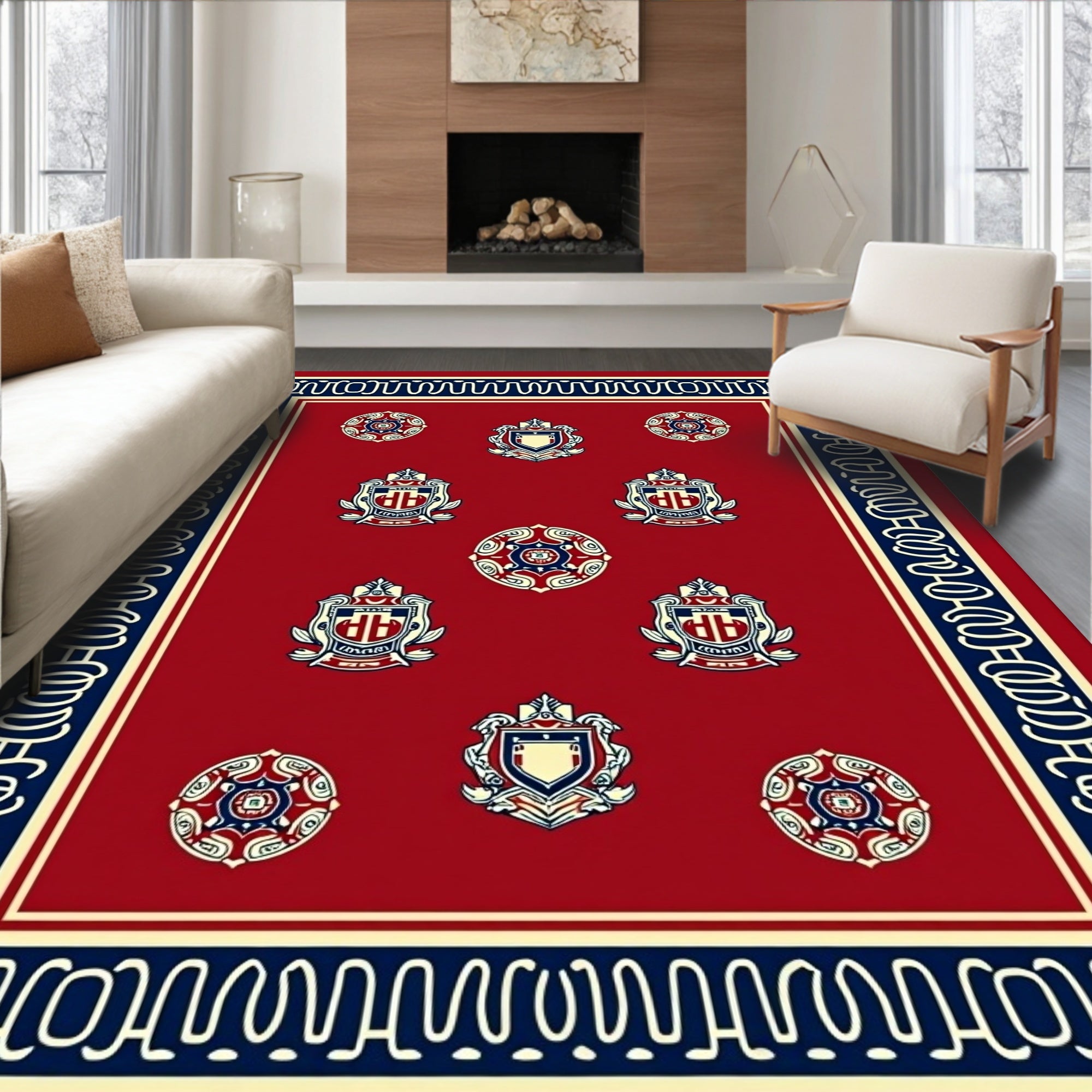 Crimson Red Crest Medallion Border Rug