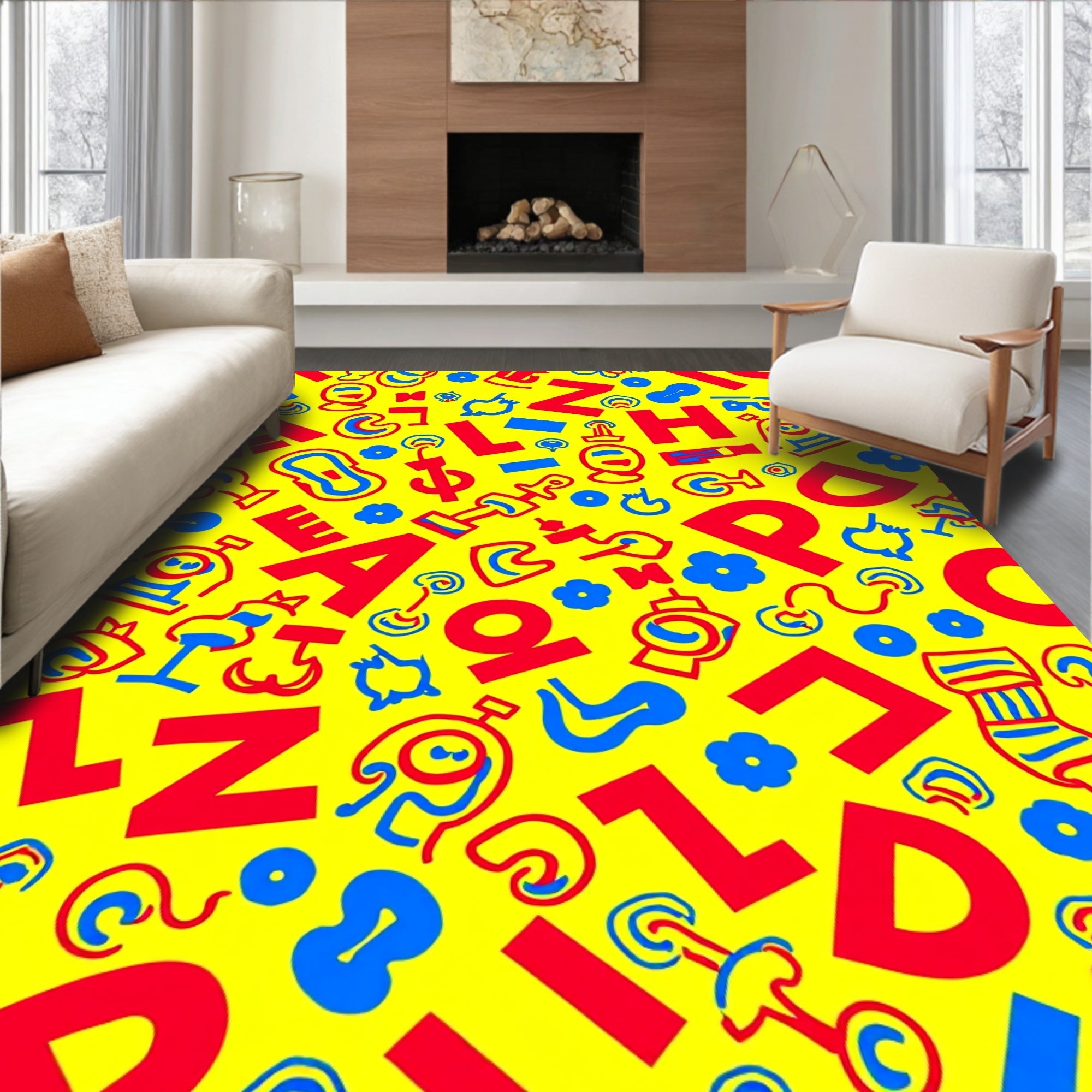 Bold Red Blue Alphabet Collage Rug