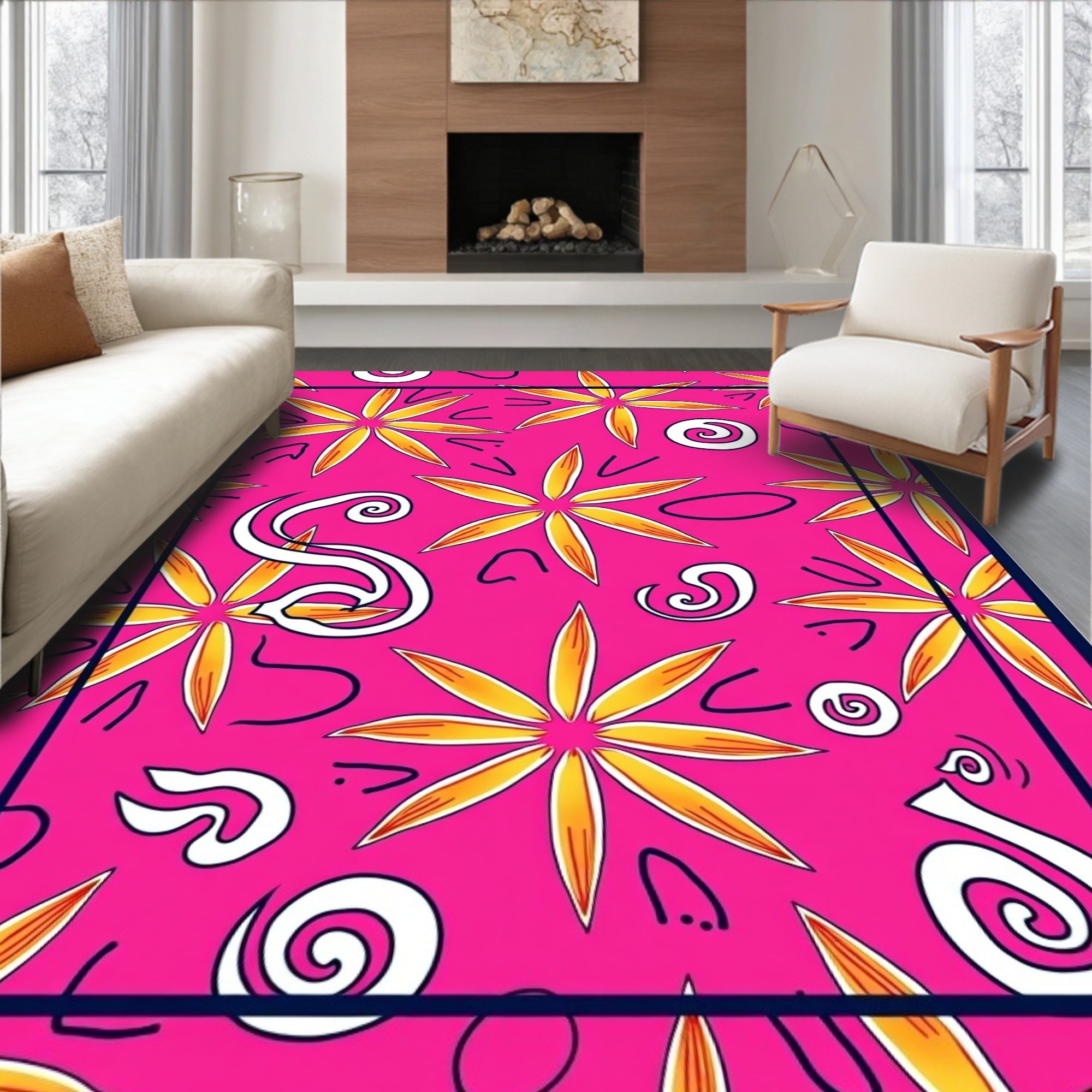 Vibrant Hot Pink Floral Swirl Rug