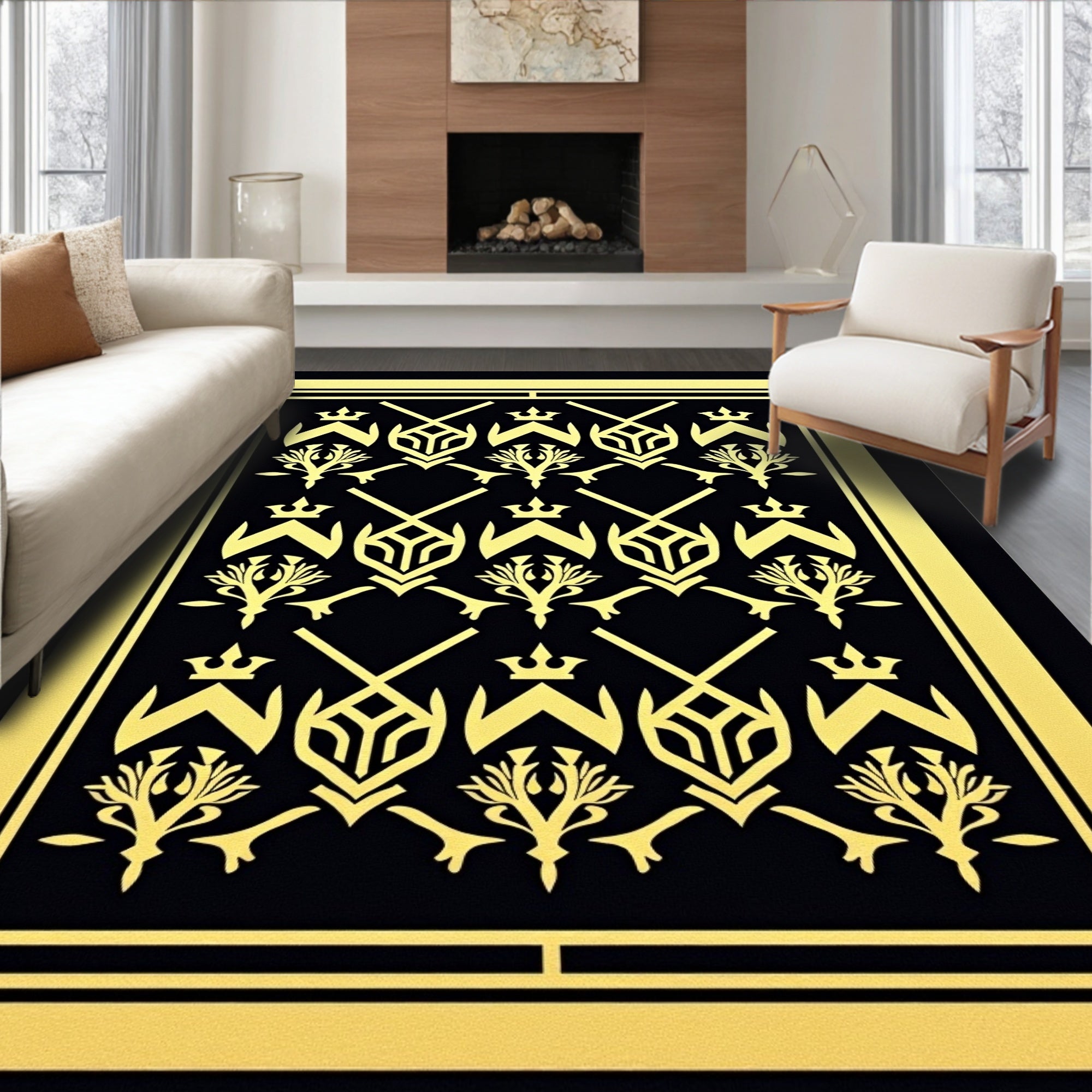 Regal Black Gold Heraldic Ornament Rug