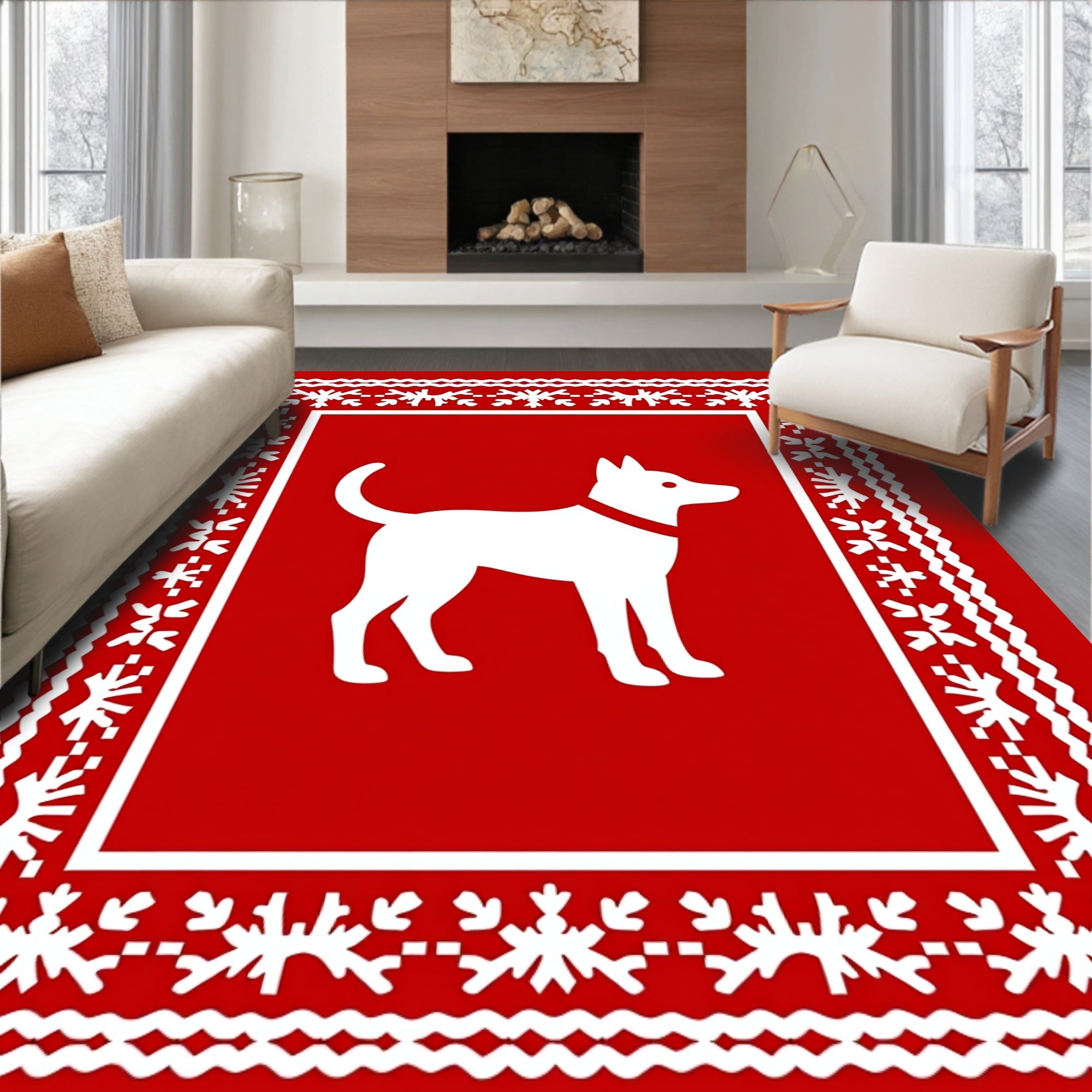 Red White Canine Folk Art Rug