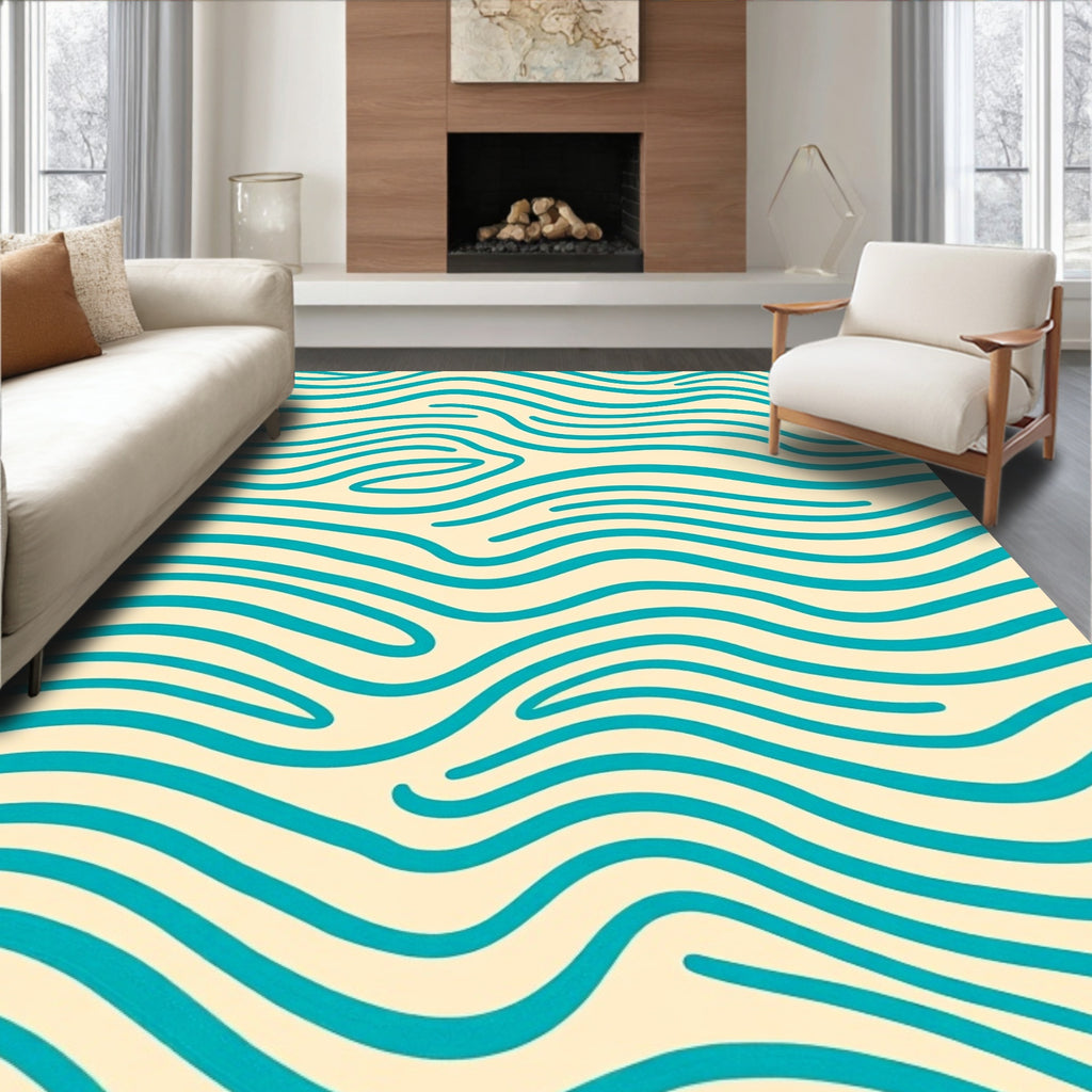 Teal Wavy Stripes Cream Rug