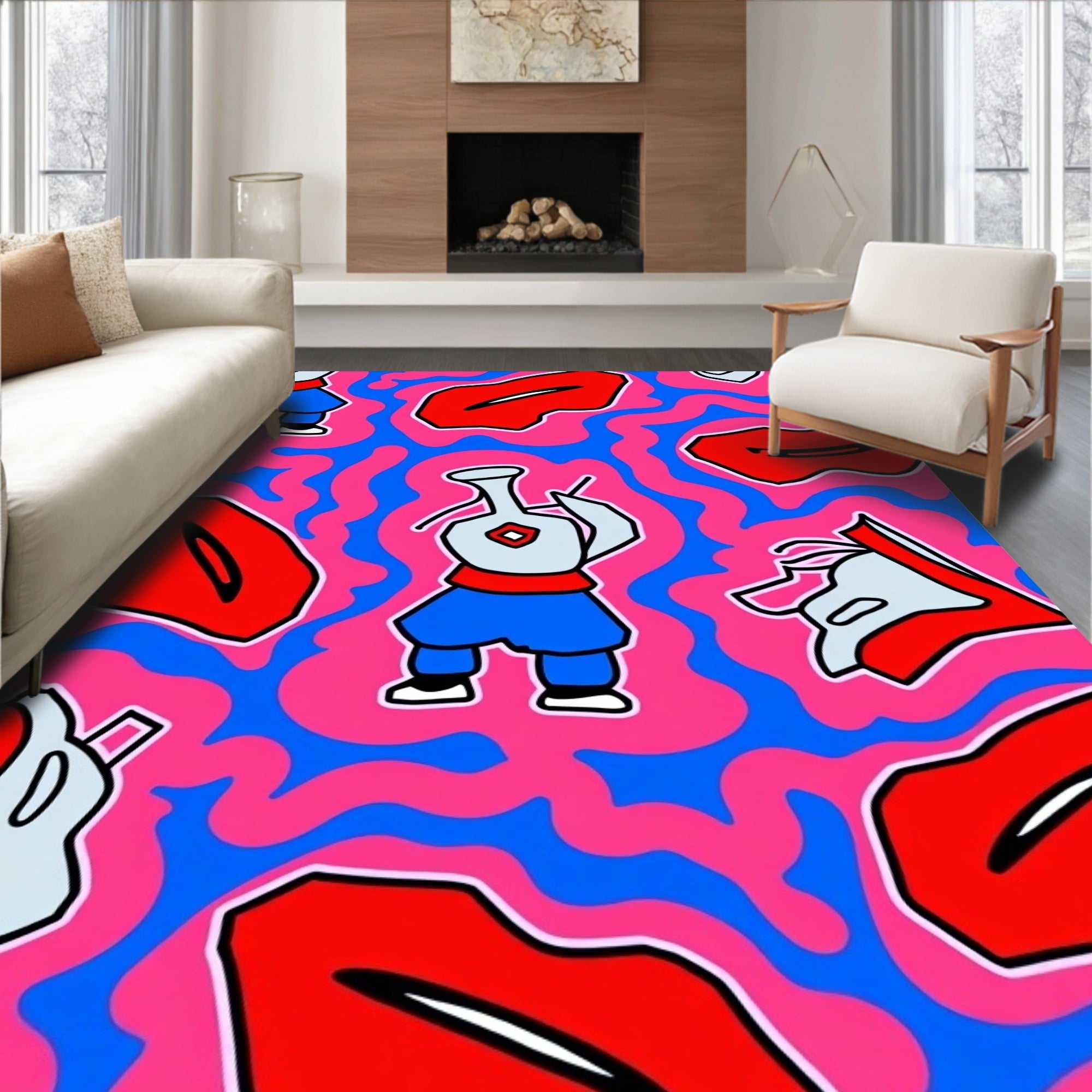 Pop Art Red Lips Blue Figure Swirls Rug