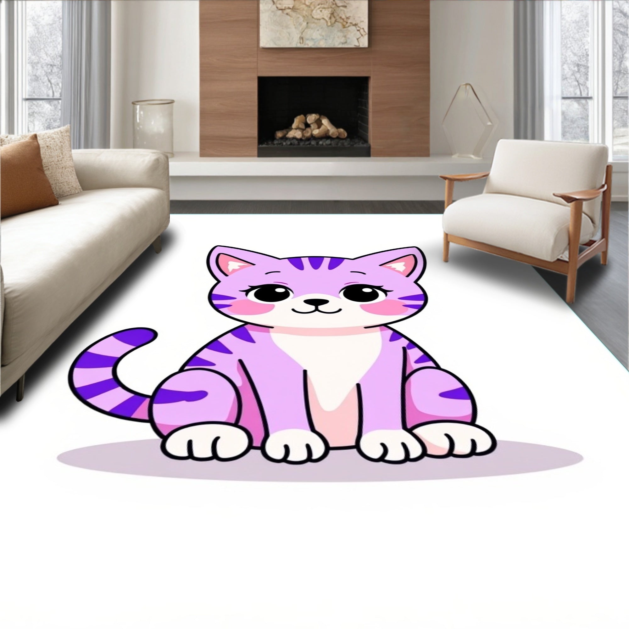 Cute Purple Striped Cat Illustration Rug
