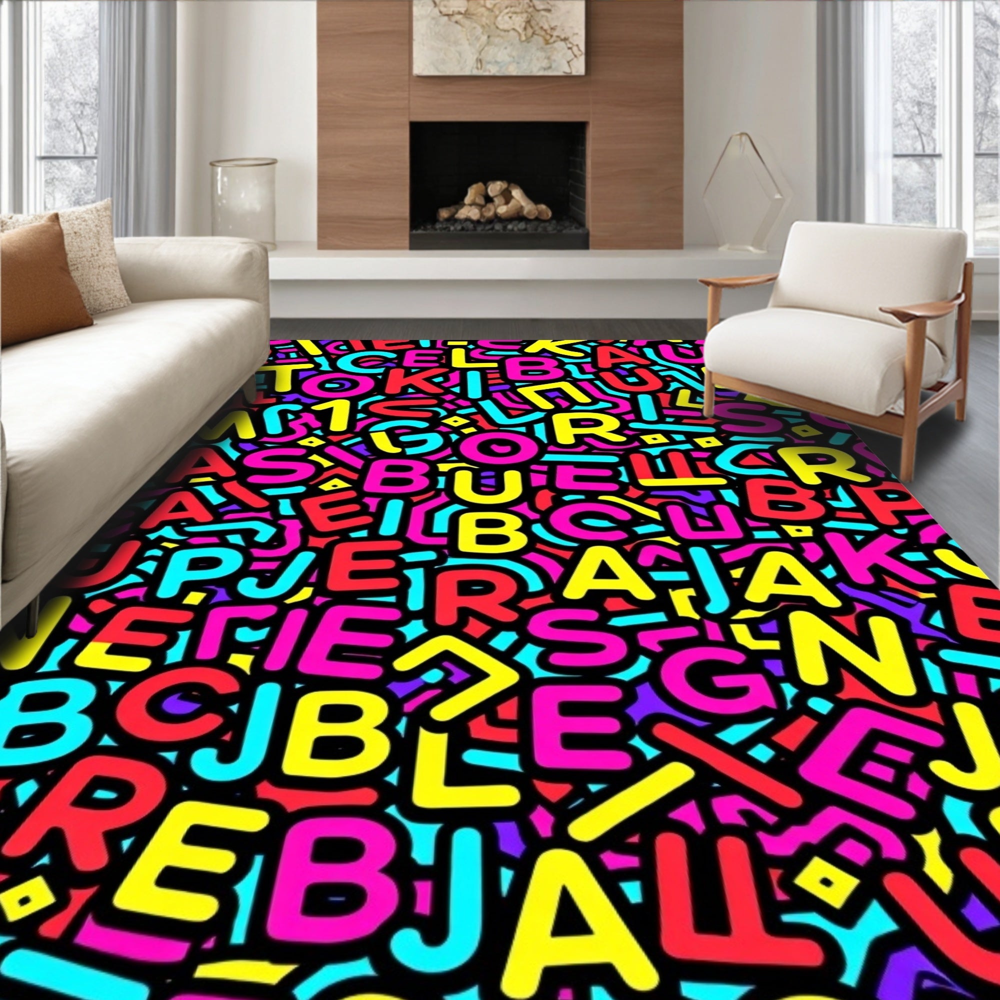 Bold Multicolored Typographic Collage Rug
