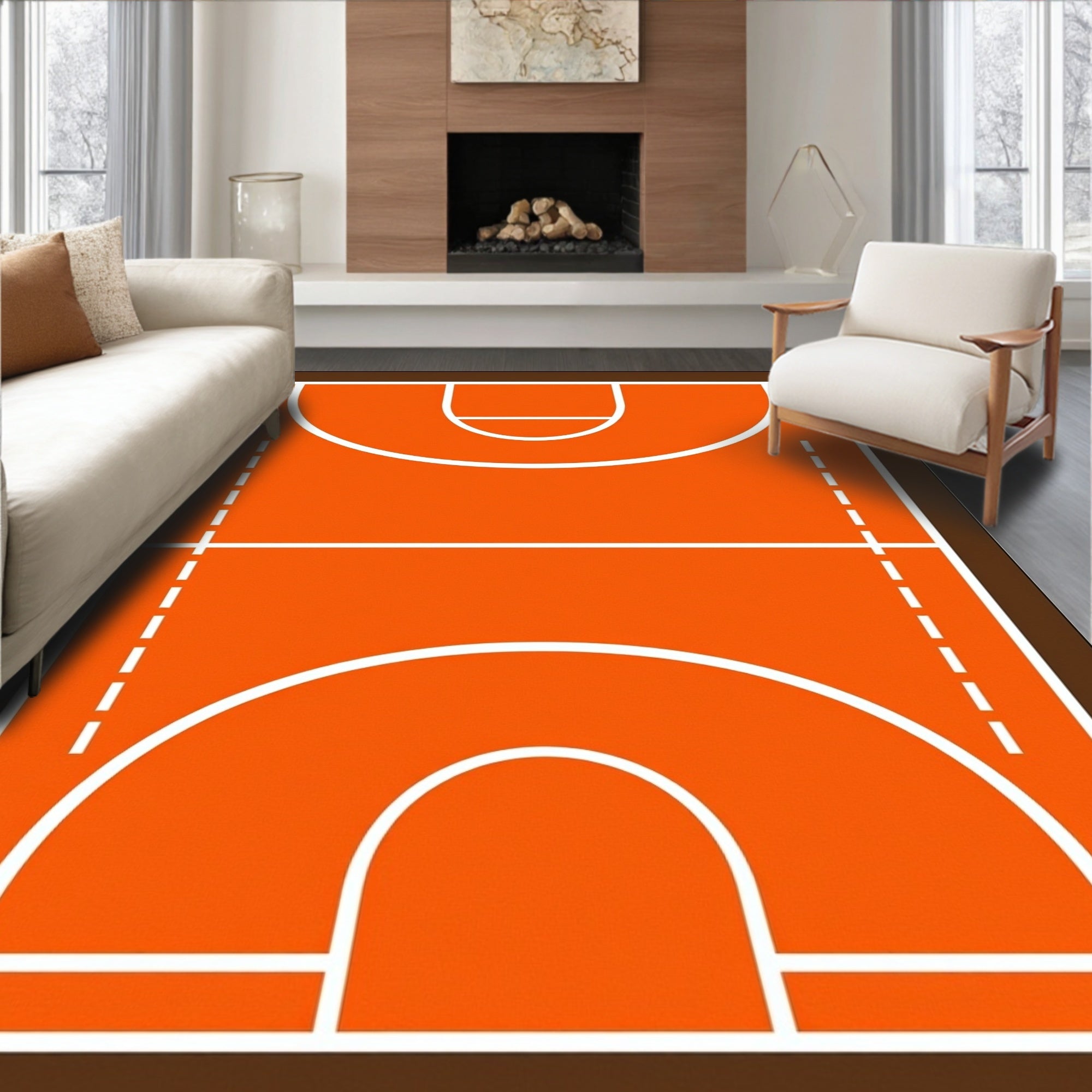Orange Basketball Court Geometric Lines Rug