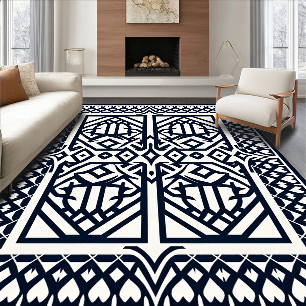 Bold Black and White Geometric Trellis Rug