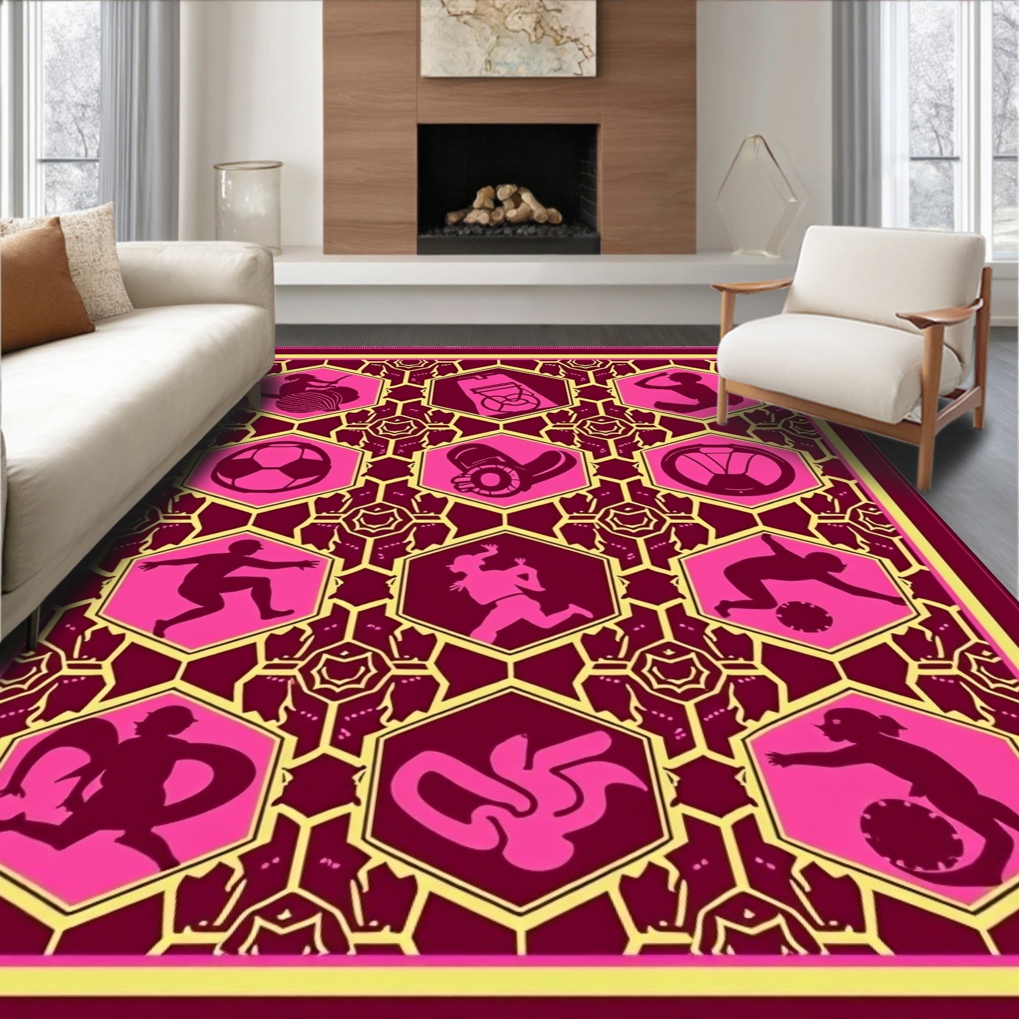 Pink and Burgundy Geometric Sports Hexagons Rug