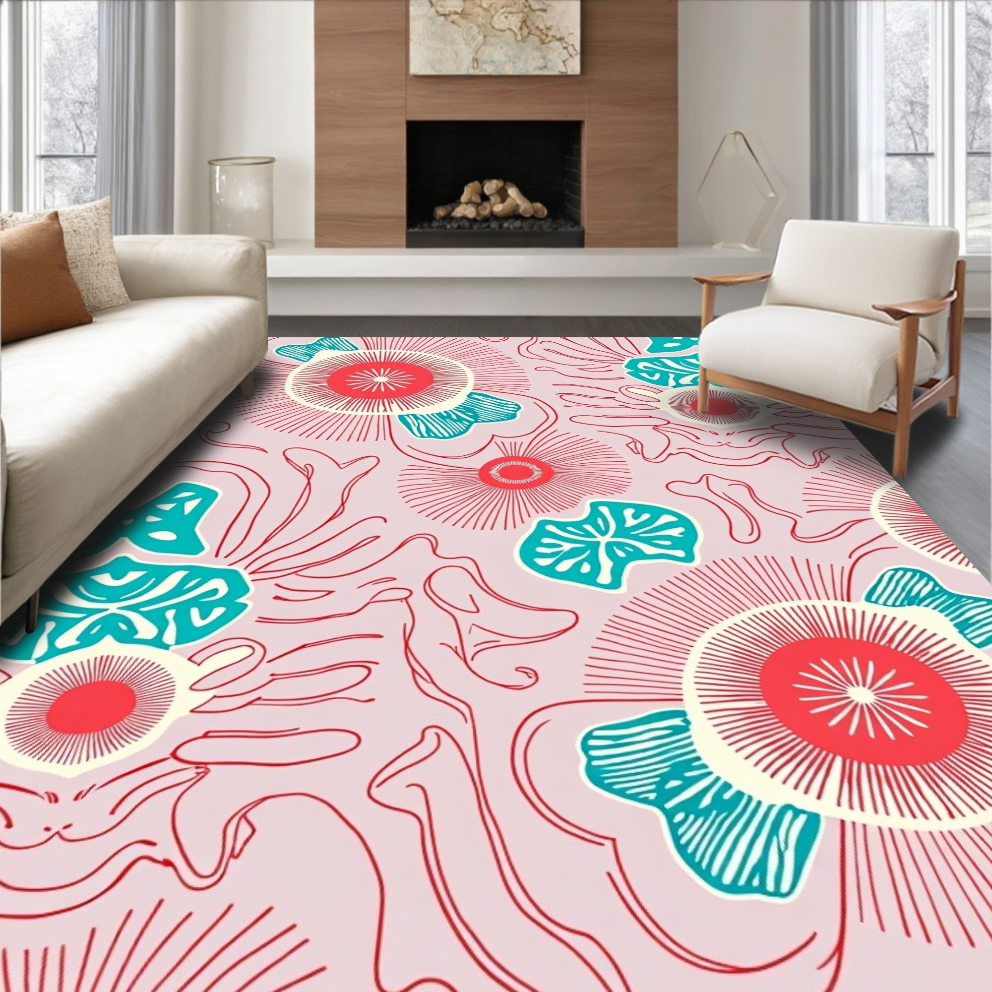 Coral Teal Jellyfish Medallion Rug