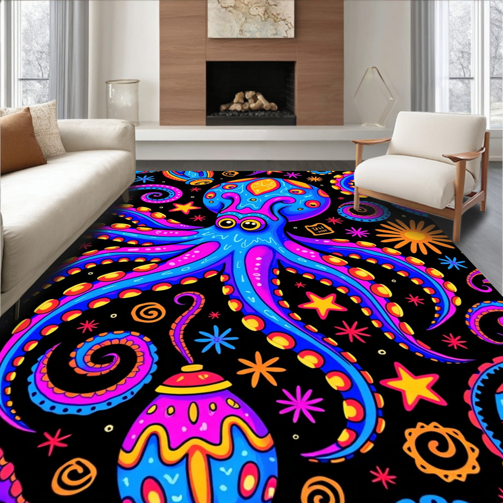 Vibrant Neon Octopus Swirls Rug