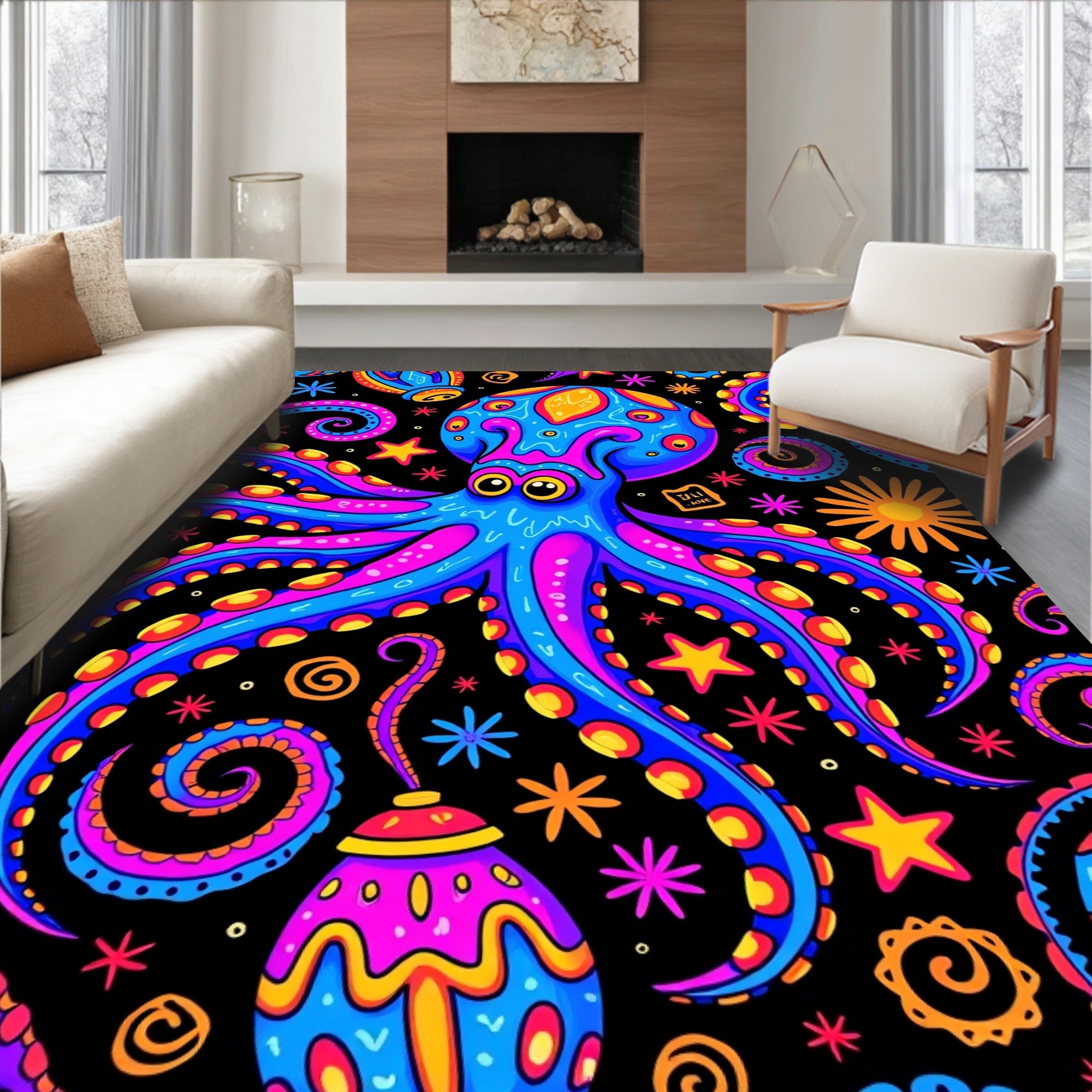 Vibrant Neon Octopus Swirls Rug