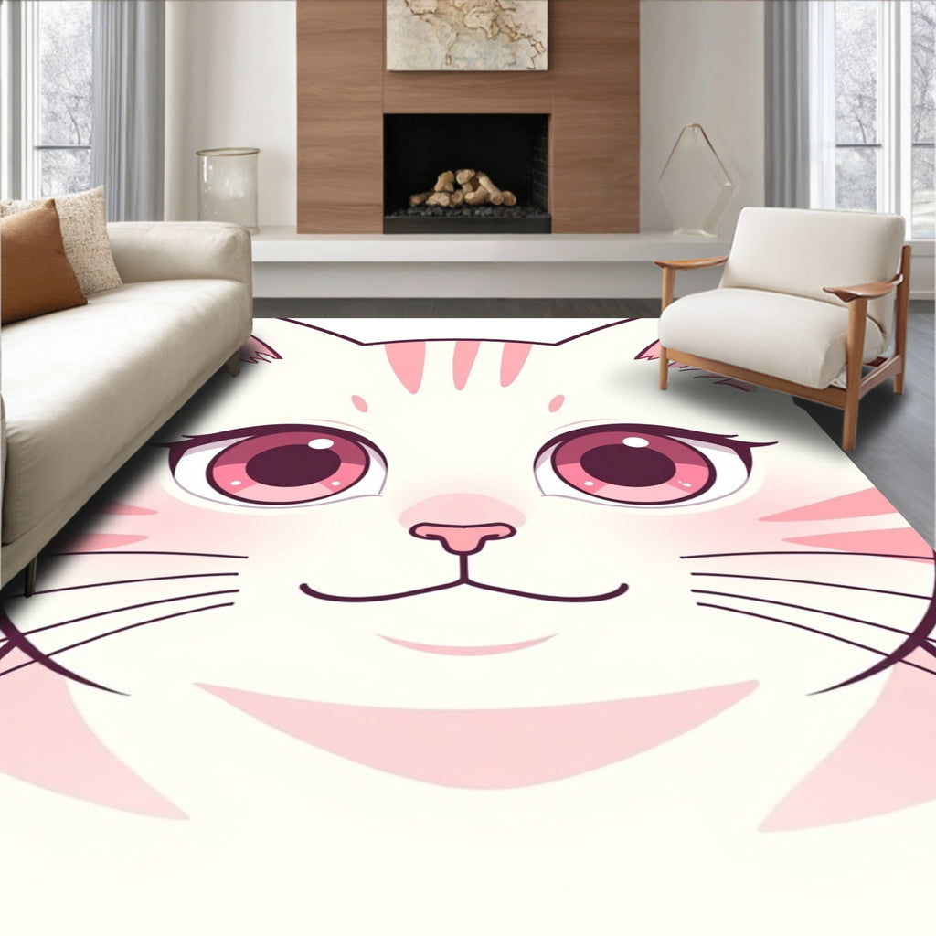 Cute Pink Striped Cat Face Rug