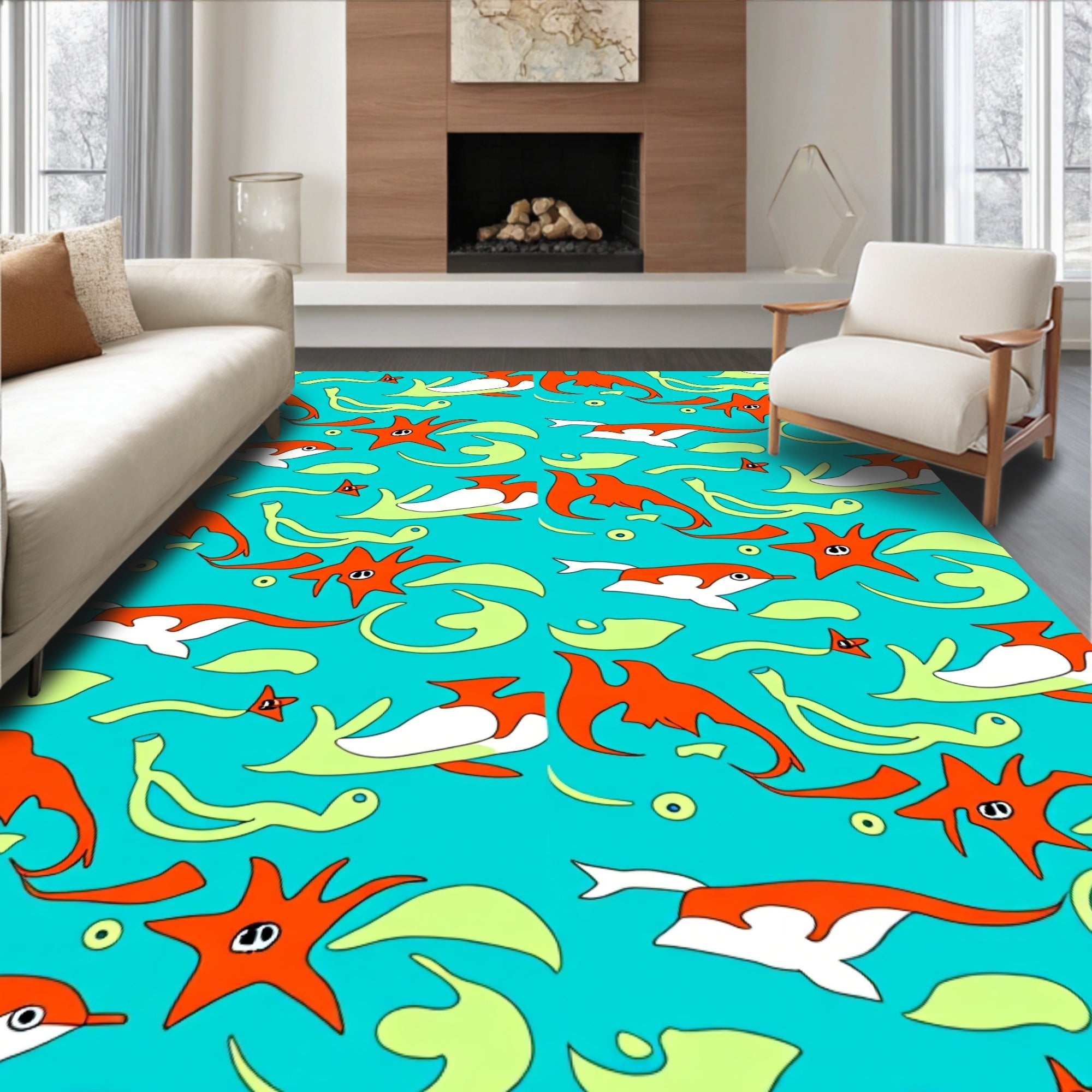 Whimsical Orange Dolphin Starfish Swirls Rug