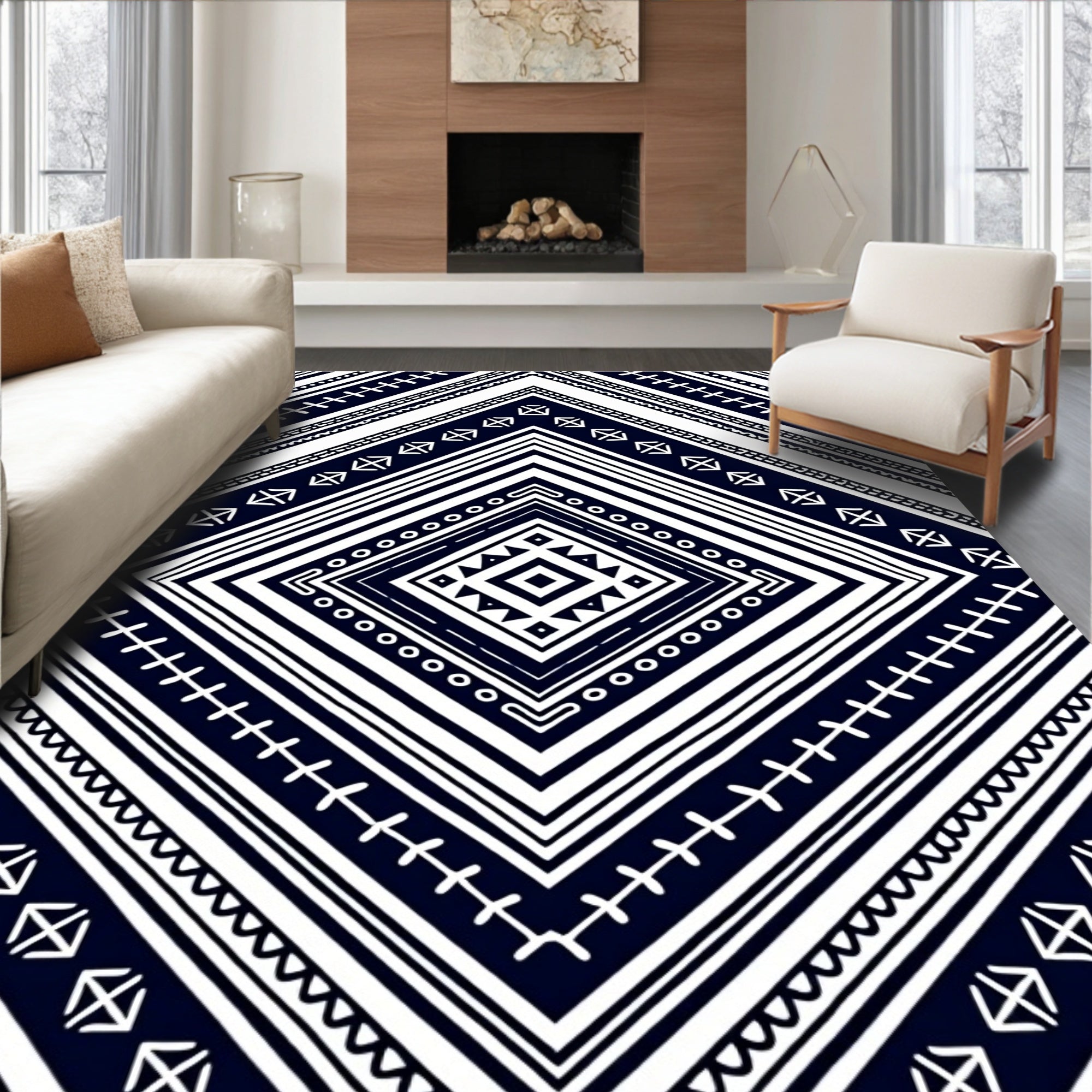 Tribal Geometric Rhombus Black White Rug