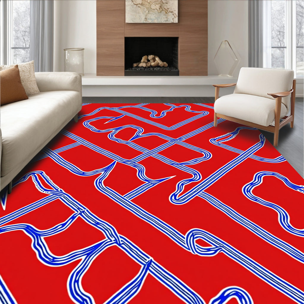 Red Blue Flowing Interlocking Lines Rug