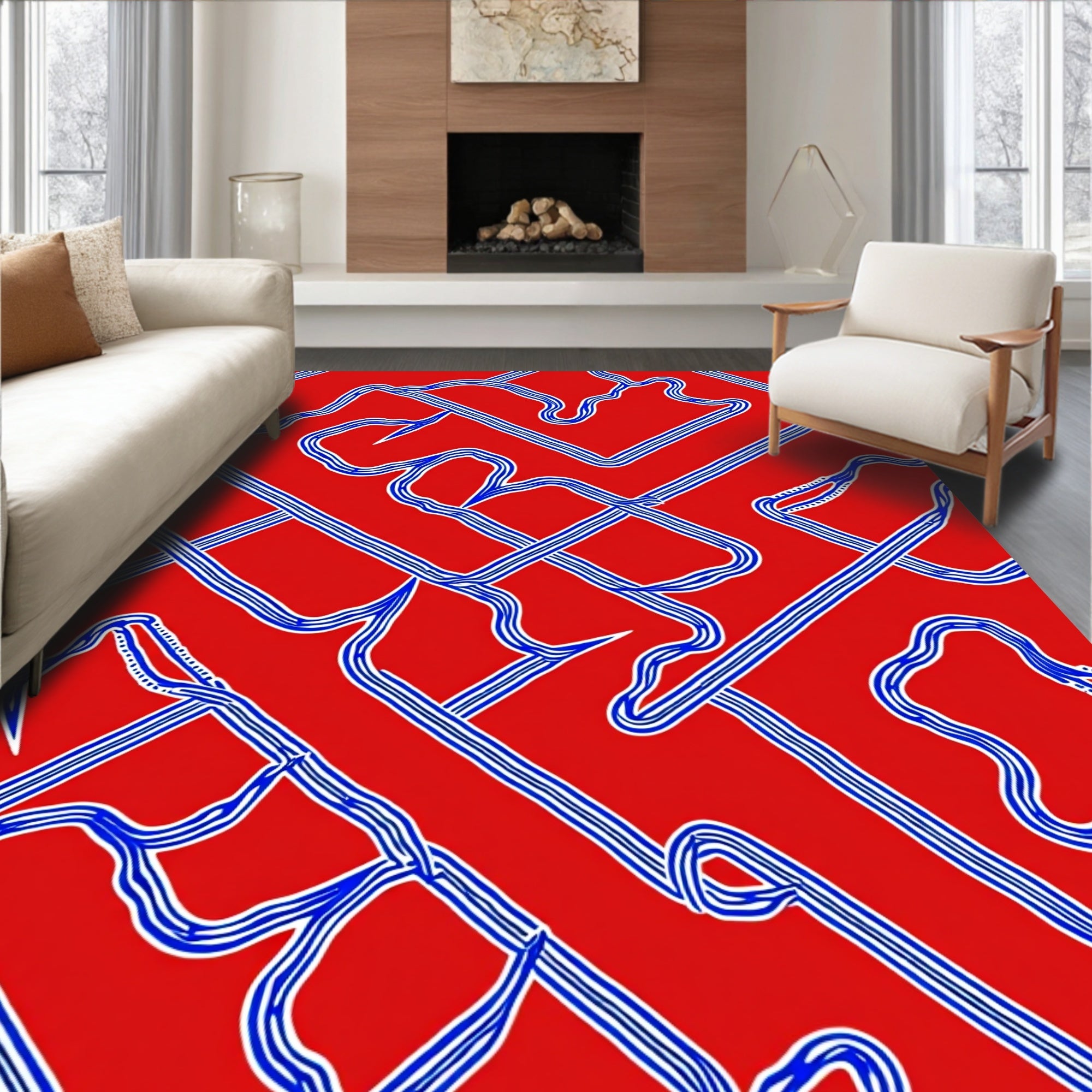 Red Blue Flowing Interlocking Lines Rug