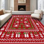 Red White Folk Art Village Border Rug
