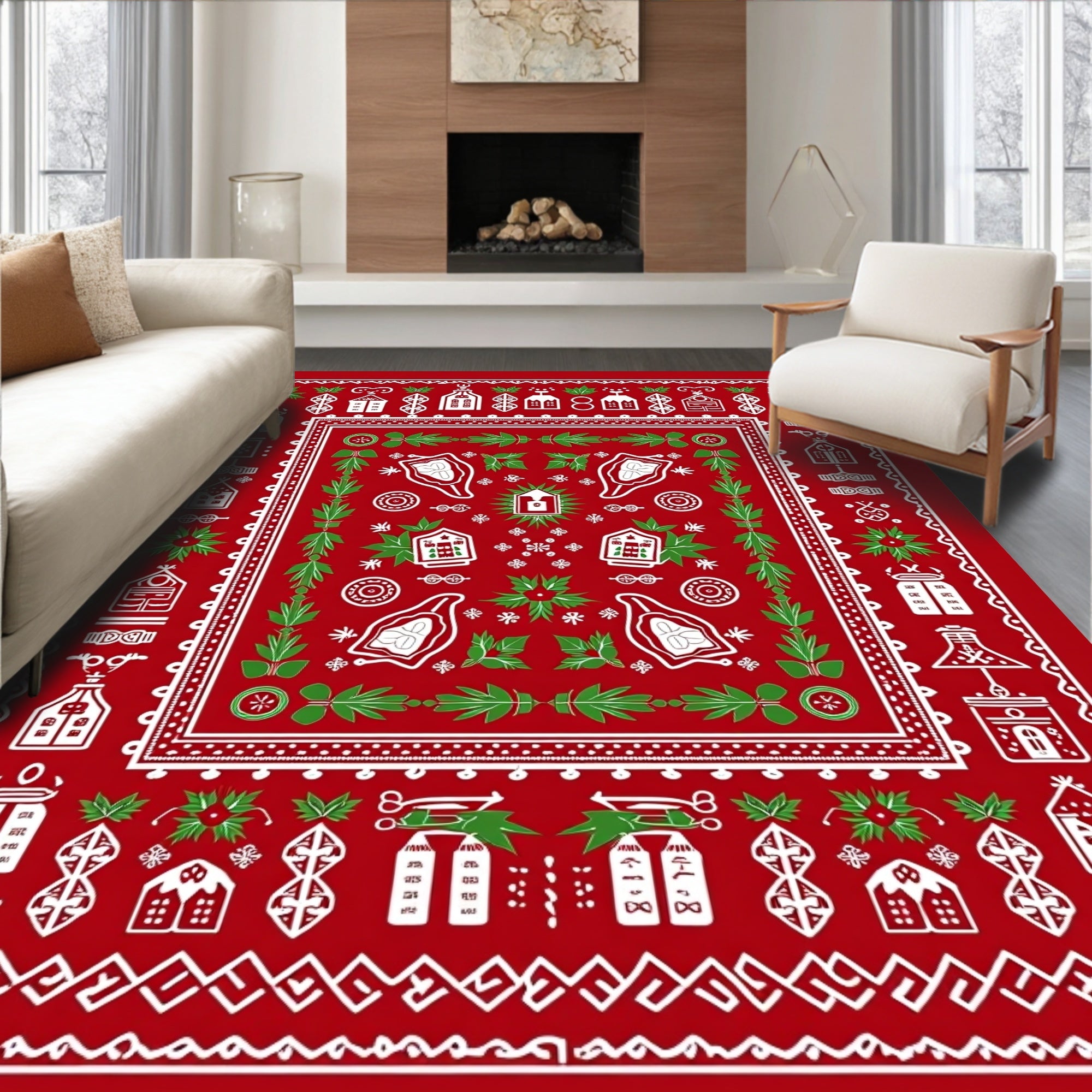 Red White Folk Art Village Border Rug