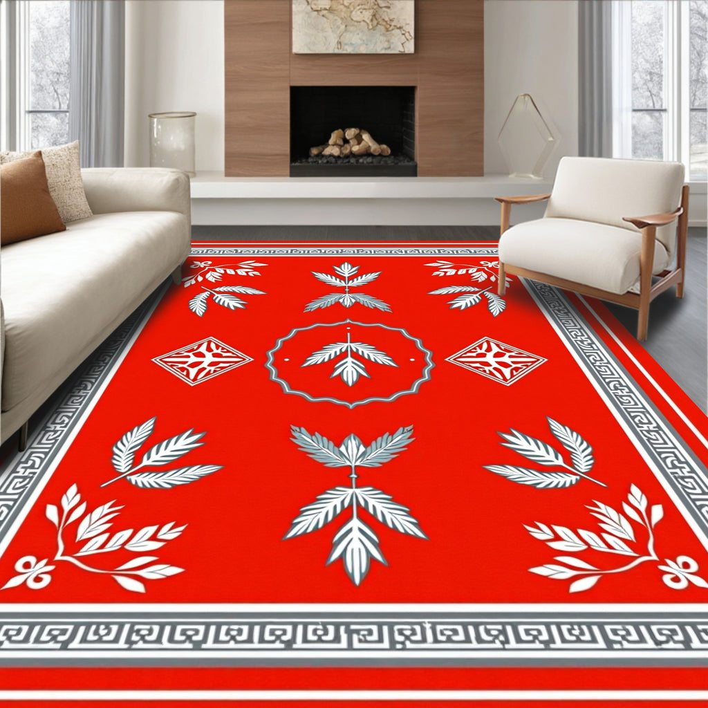 Red White Gray Botanical Medallion Rug