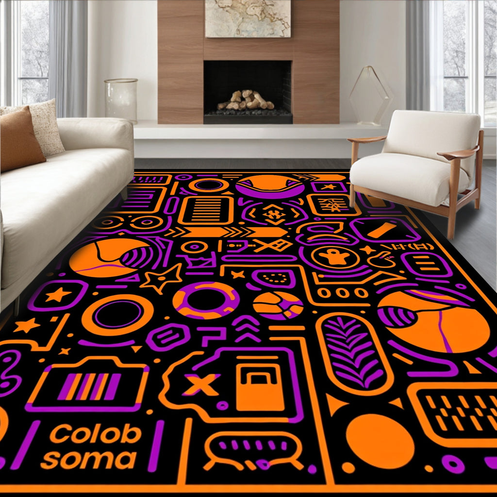 Vibrant Orange Purple Geometric Collage Rug