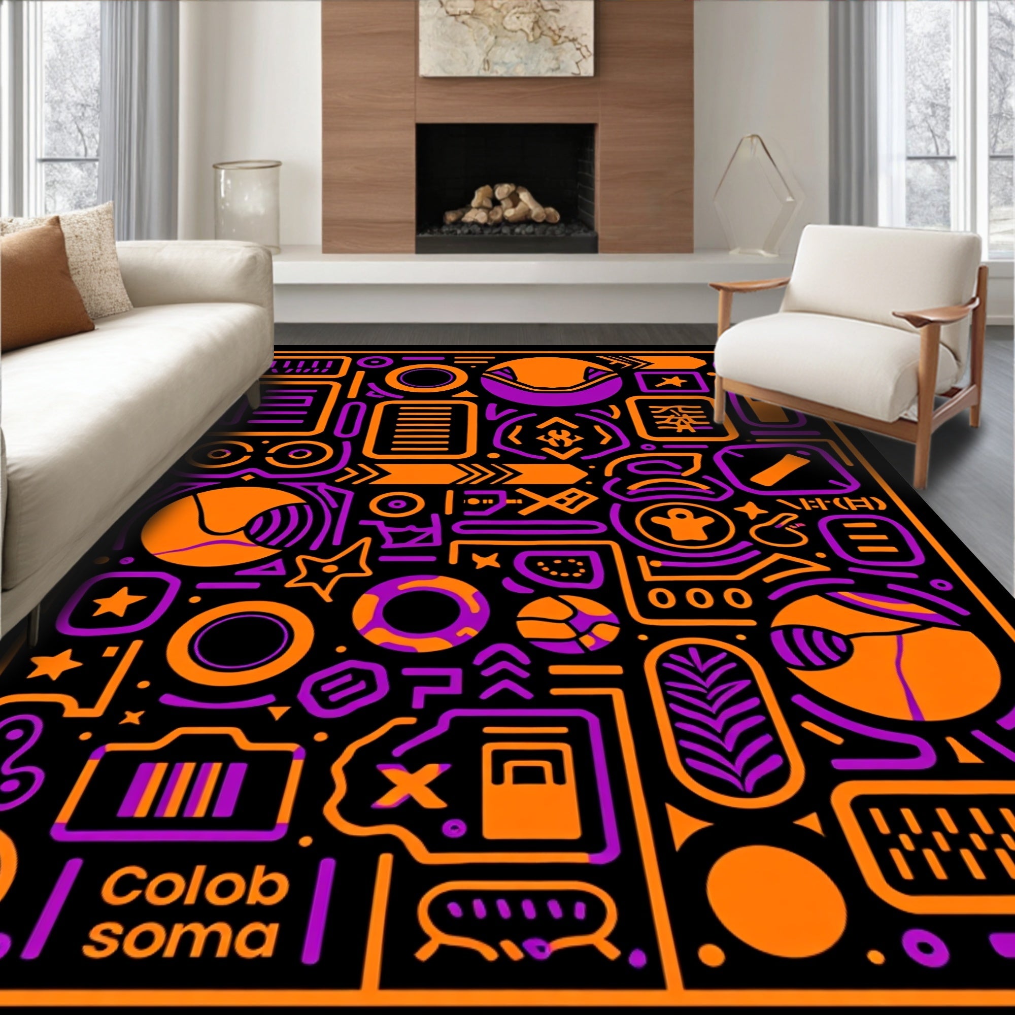 Vibrant Orange Purple Geometric Collage Rug