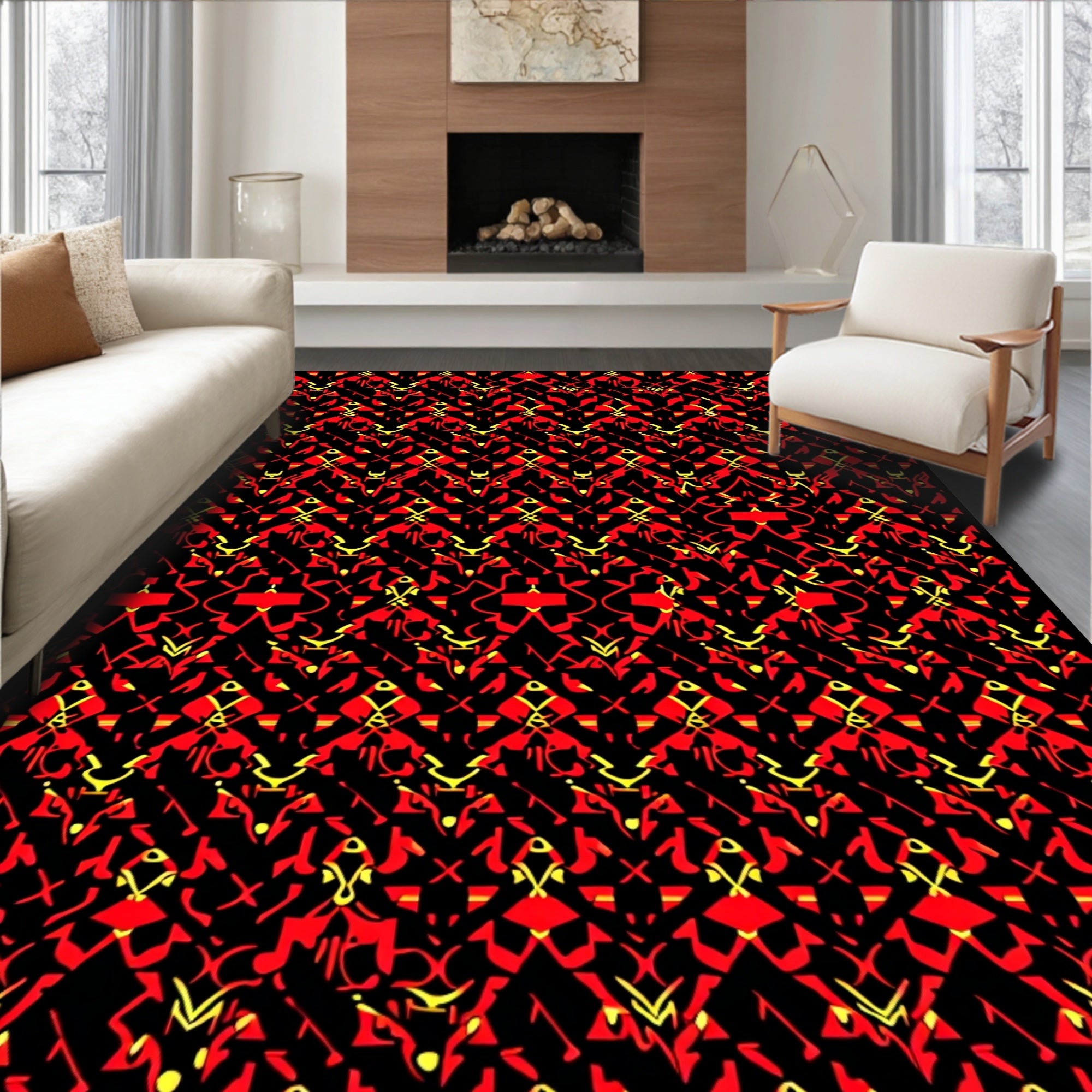 Crimson and Gold Abstract Geometric Weave Rug