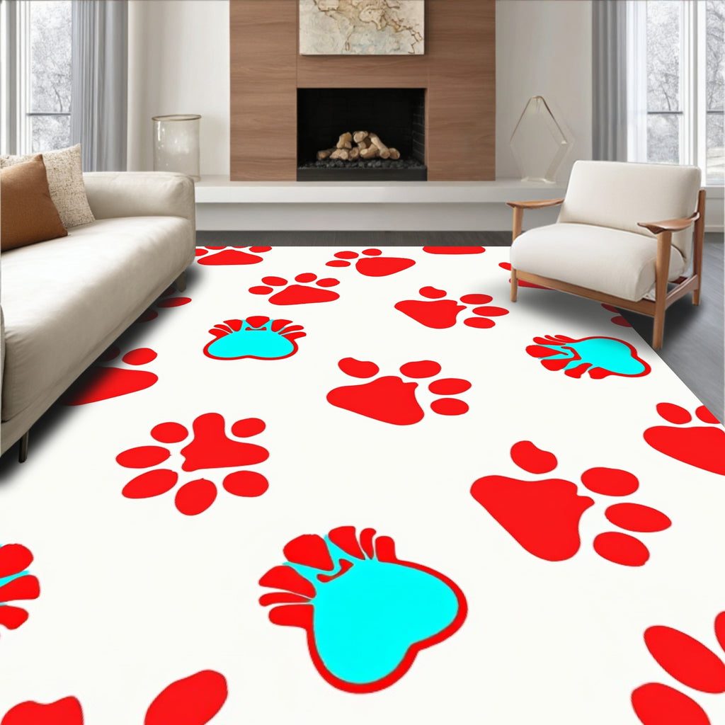 Red Blue Paw Print Repeat Rug